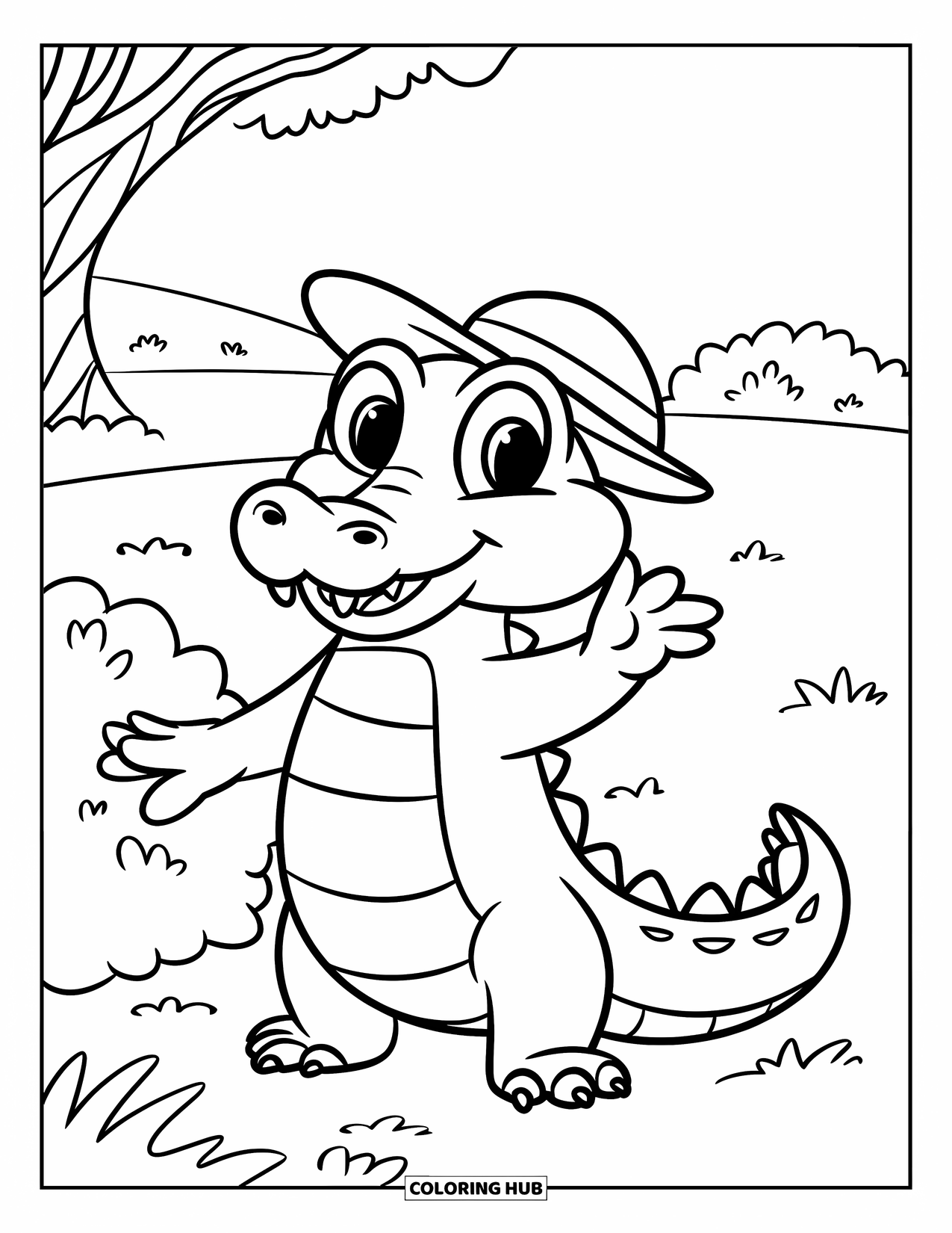 Disegno da colorare di coccodrillo per bambini: Un simpatico coccodrillo agita la coda vicino a un cespuglio, sorridendo sotto un cielo soleggiato