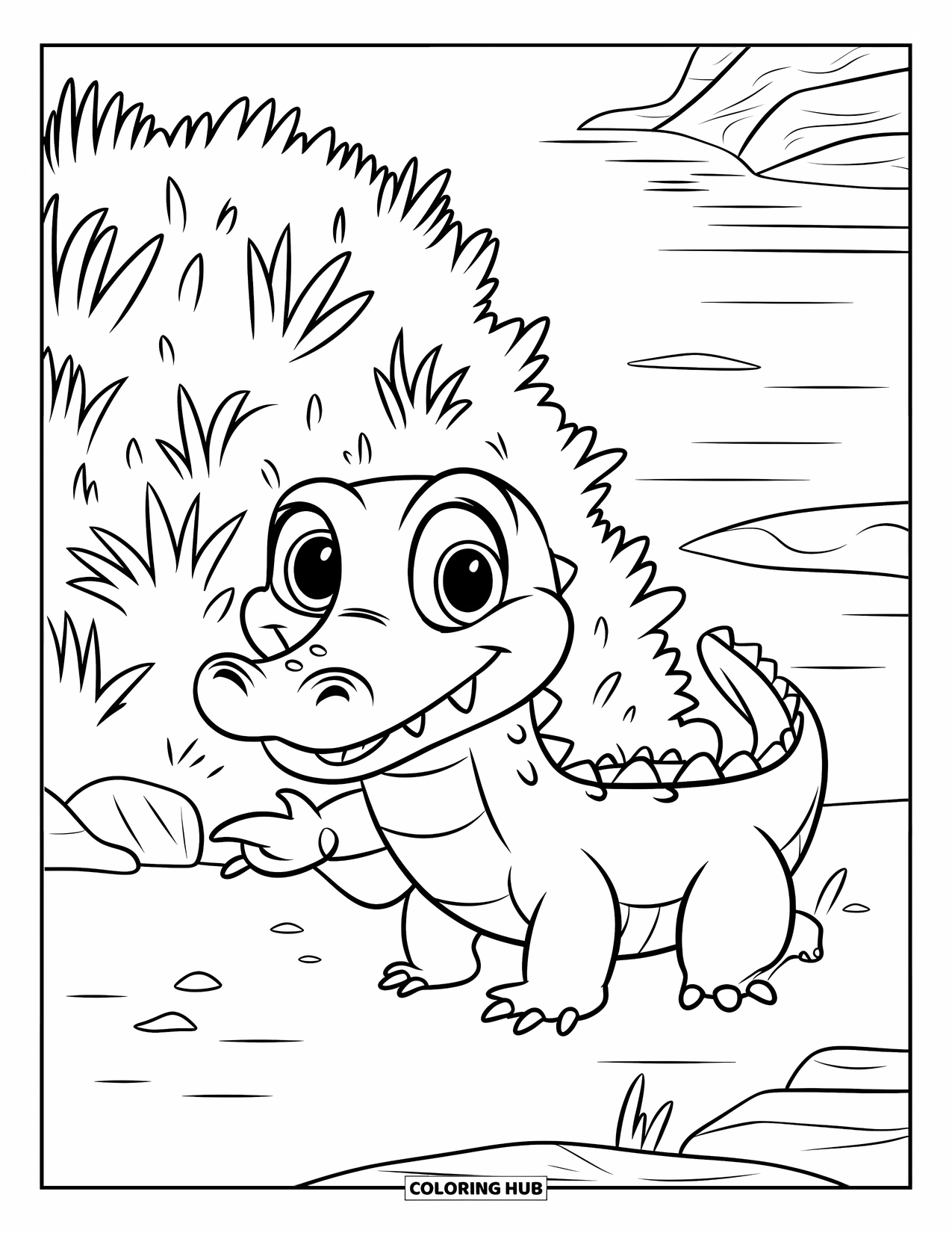 Disegno da colorare di coccodrillo per bambini: Un coccodrillo amichevole saluta vicino a cespugli e piccole rocce vicino a un tranquillo bordo dell'acqua