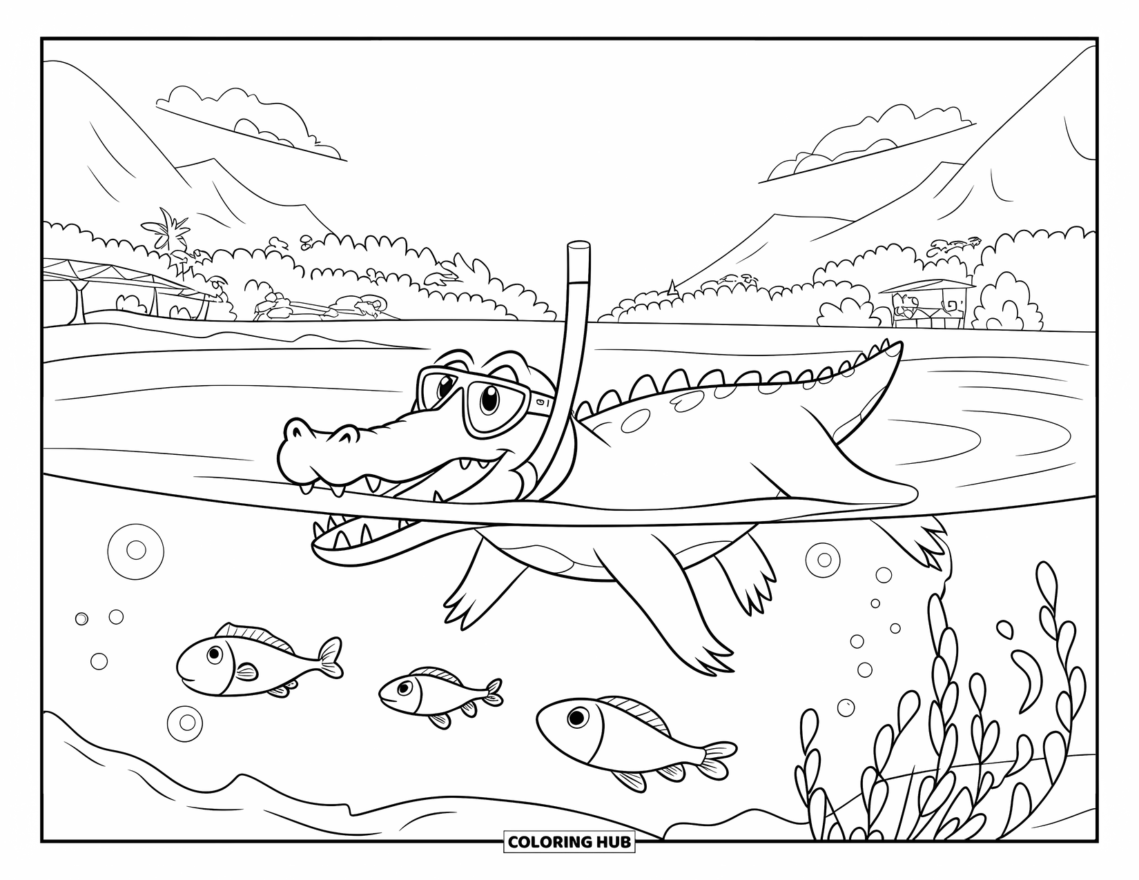 Disegno da colorare di coccodrillo per bambini: Un coccodrillo con gli occhiali fa snorkeling vicino a pesci, alberi e montagne lontane