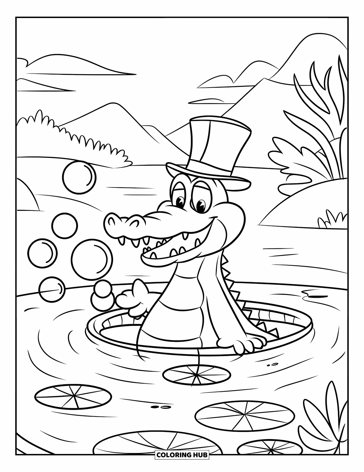 Disegno da colorare di coccodrillo per bambini: Un coccodrillo sorridente soffia bolle sopra le ninfee e una vista sulle montagne