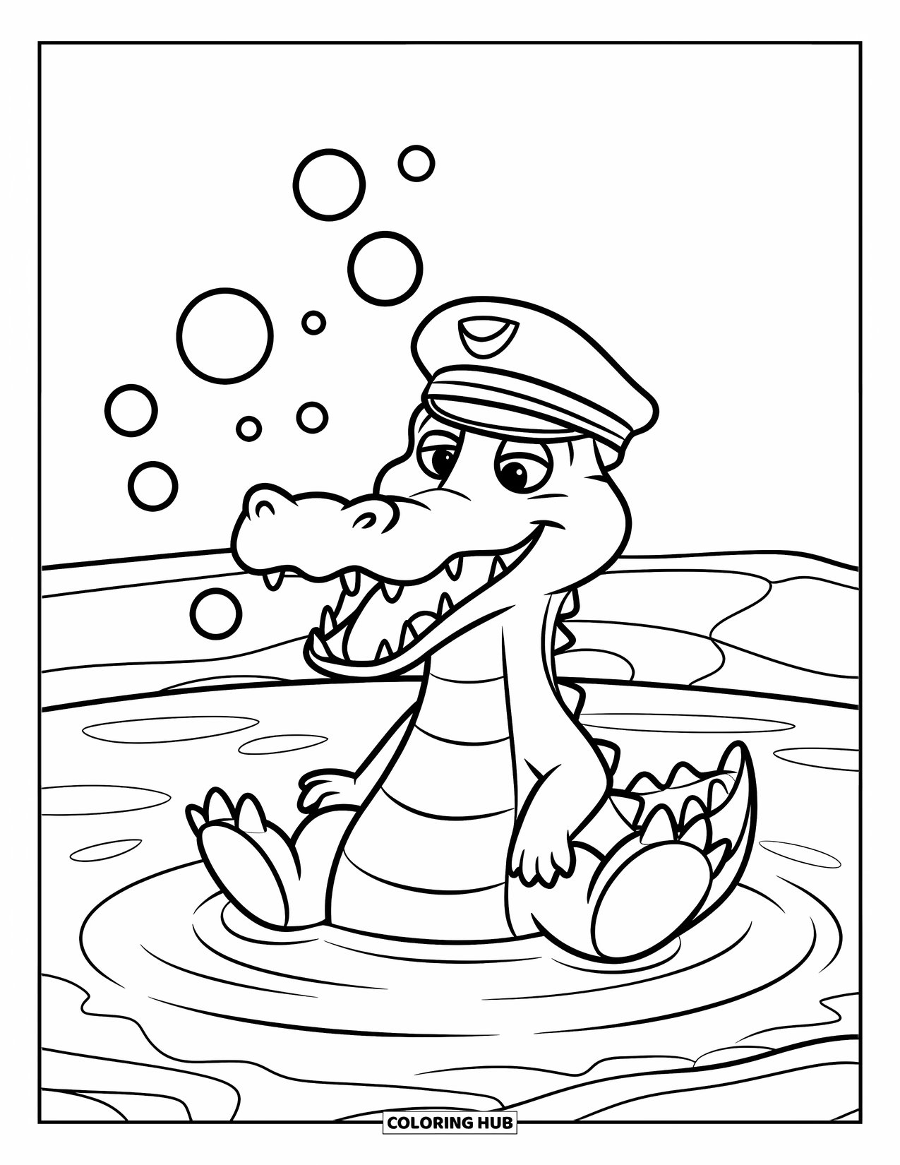 Disegno da colorare di coccodrillo per bambini: Un coccodrillo felice con un cappello da capitano soffia bolle in uno stagno tranquillo