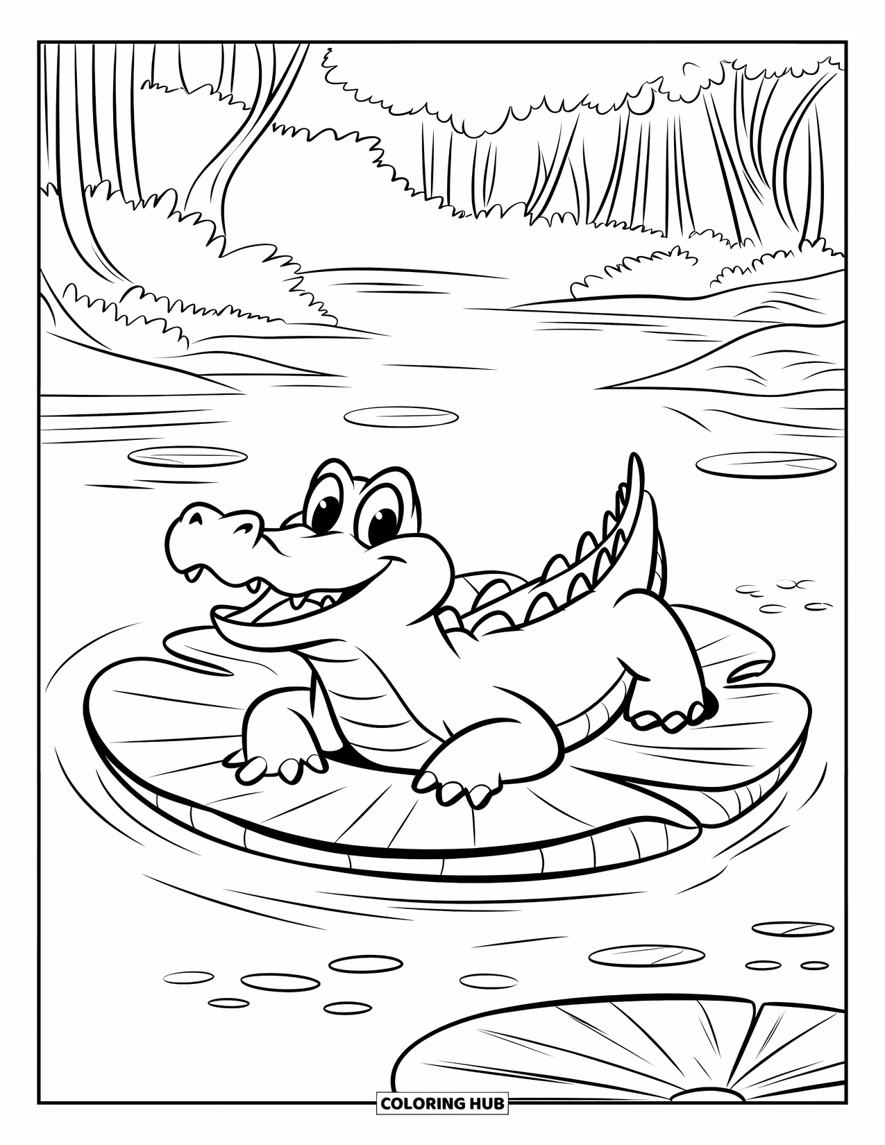 Disegno da colorare di coccodrillo per bambini: Un coccodrillo felice con grandi occhi riposa su una ninfea in un fiume forestale increspato