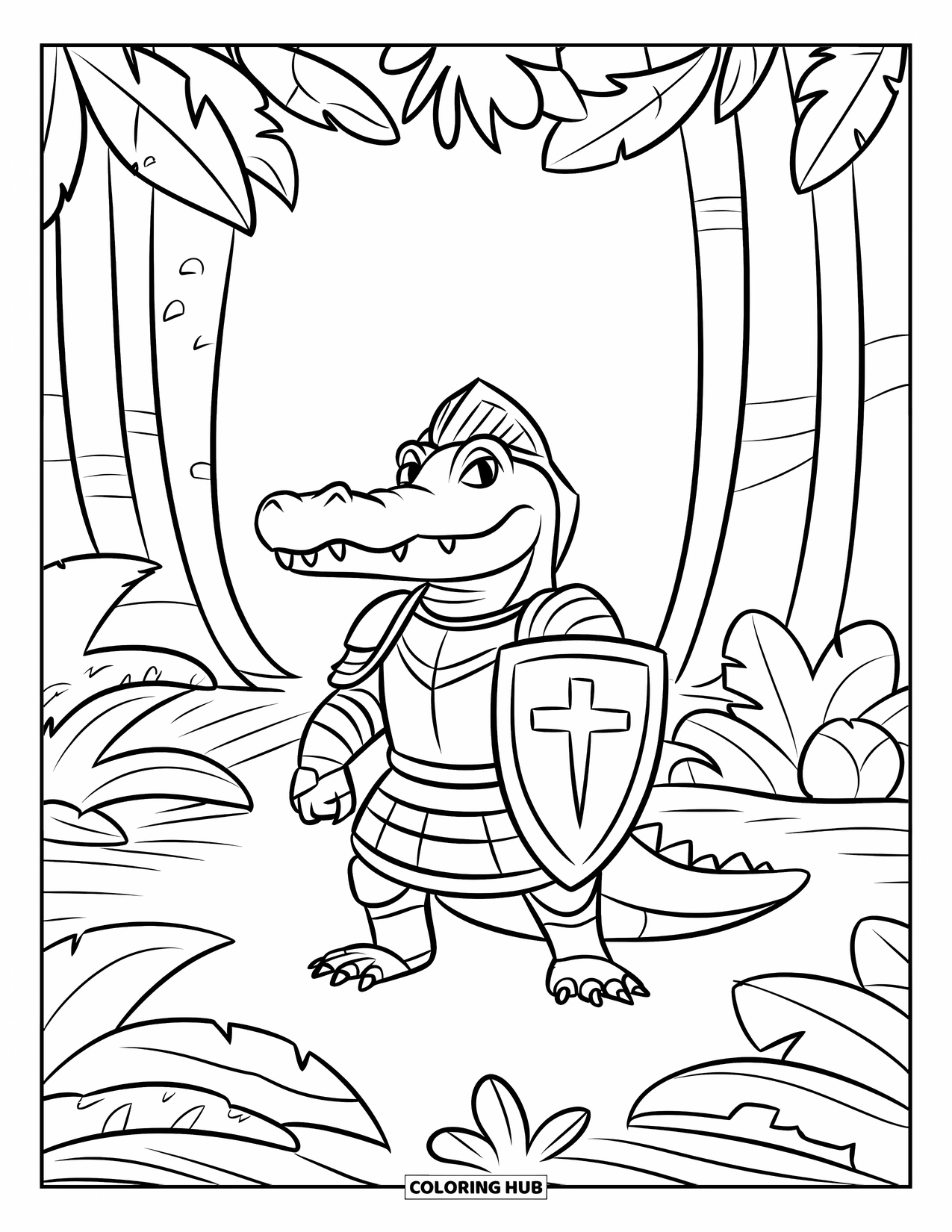 Disegno da colorare di coccodrillo per bambini: Un coccodrillo cavaliere della giungla si erge tra alberi alti tenendo uno scudo a croce