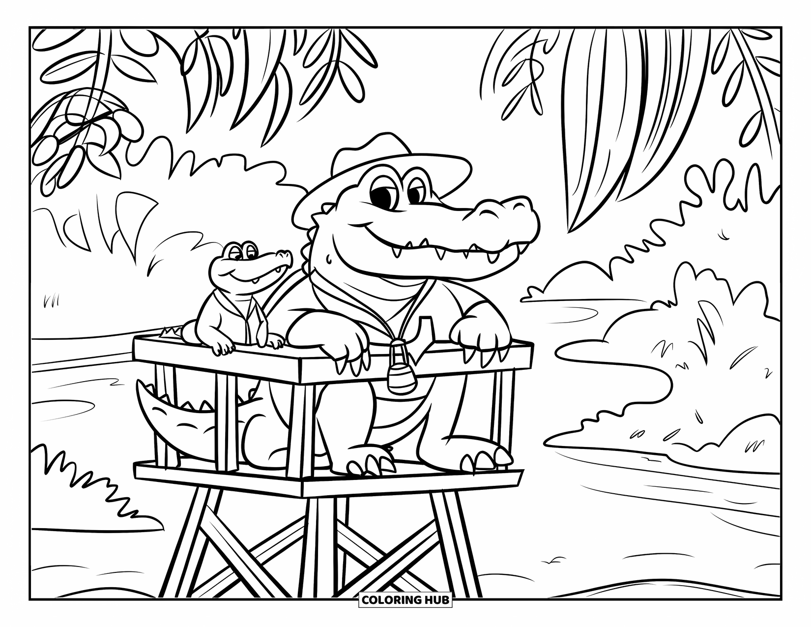 Disegno da colorare di coccodrillo per bambini: Un coccodrillo bagnino con due amici osserva da una torre di giungla frondosa