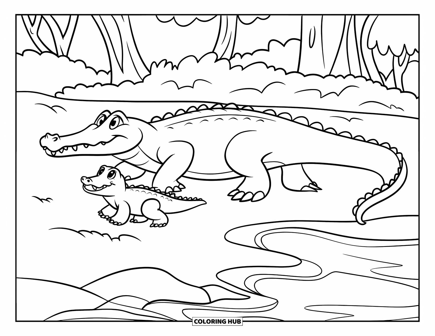 Disegno da colorare di coccodrillo per bambini: Una mamma e un cucciolo di coccodrillo camminano accanto a un fiume tranquillo con contorni marcati