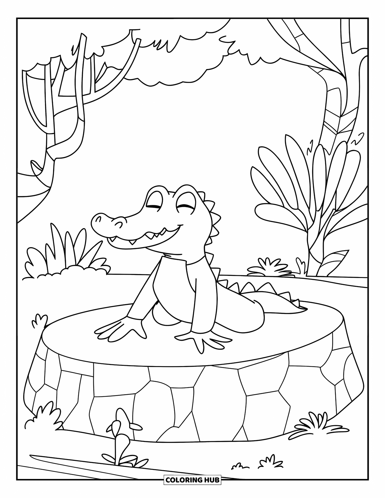 Disegno da colorare di coccodrillo per bambini: Un coccodrillo pacifico in tenuta da yoga si allunga vicino ad alberi, uccelli e cieli azzurri