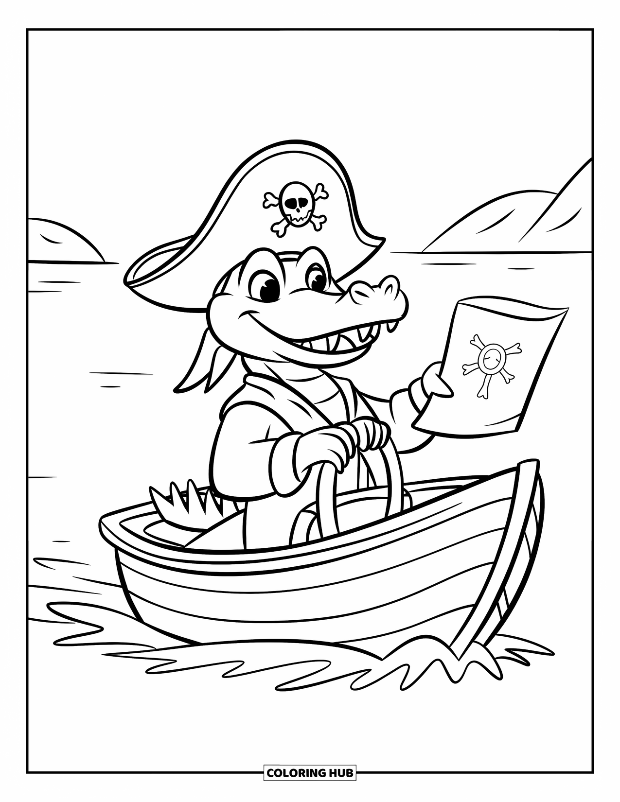 Disegno da colorare di coccodrillo per bambini: Un coccodrillo pirata guida una barca con una mappa, navigando oltre piccole isole