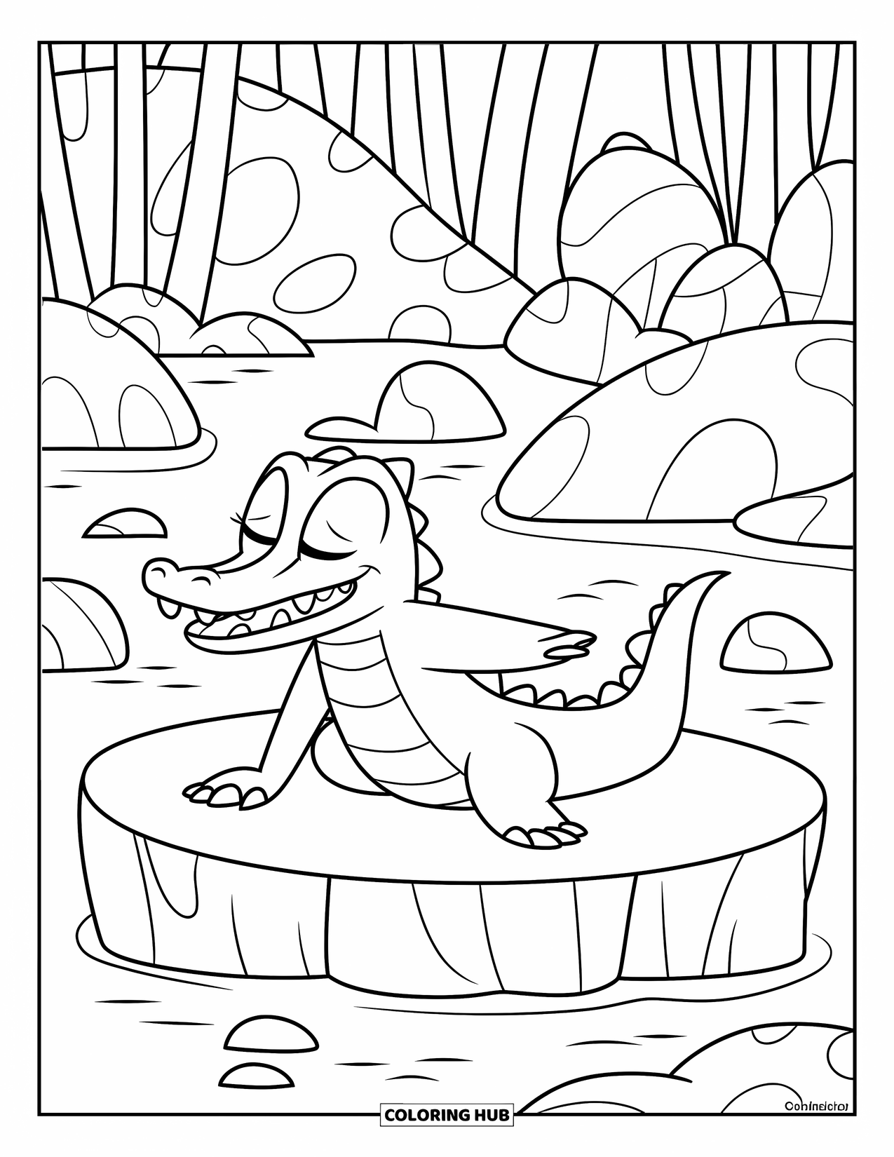 Disegno da colorare di coccodrillo per bambini: Un coccodrillo rilassato fa yoga su una grande roccia circondato da una natura tranquilla
