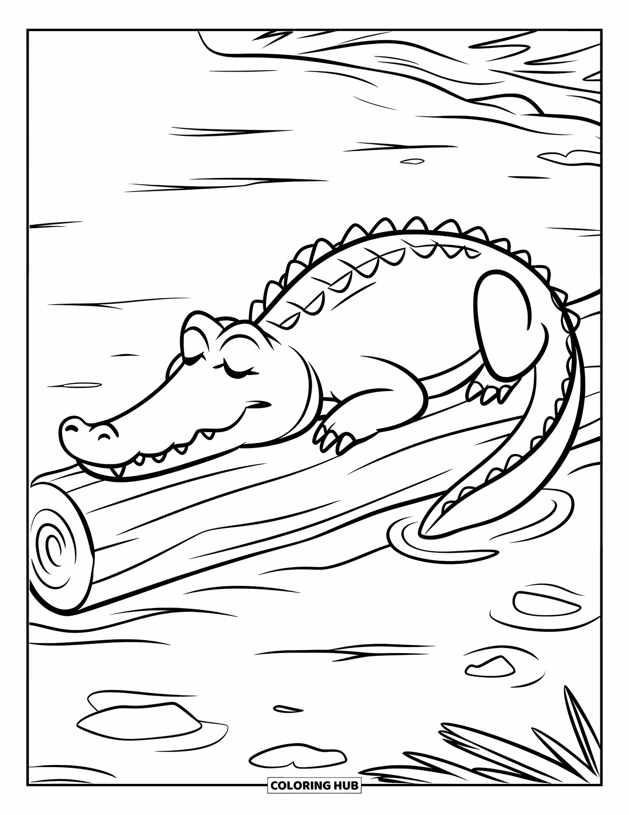 Disegno da colorare di coccodrillo per bambini: Un coccodrillo assonnato fa un pisolino pacificamente su un tronco galleggiante in uno stagno calmo e tranquillo