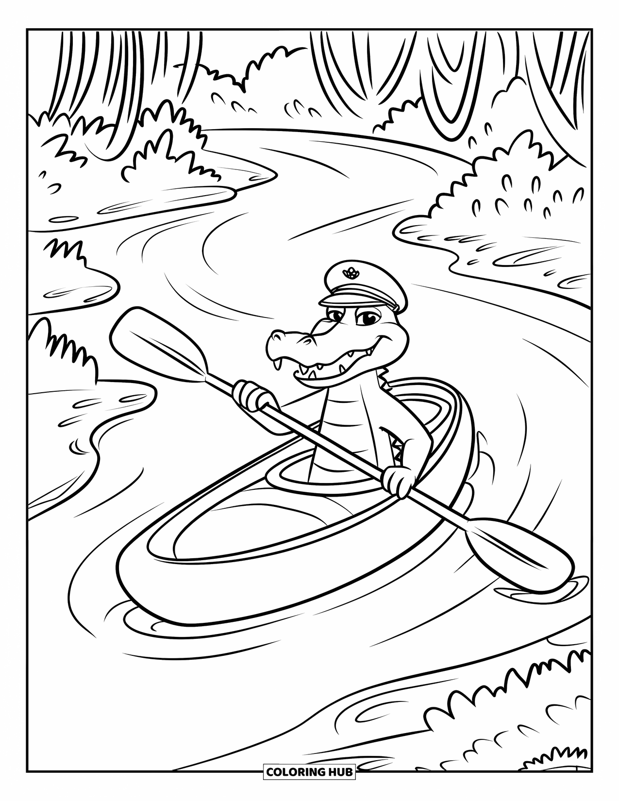 Disegno da colorare di coccodrillo per bambini: Un coccodrillo sorridente rema in kayak attraverso un fiume tortuoso nella giungla