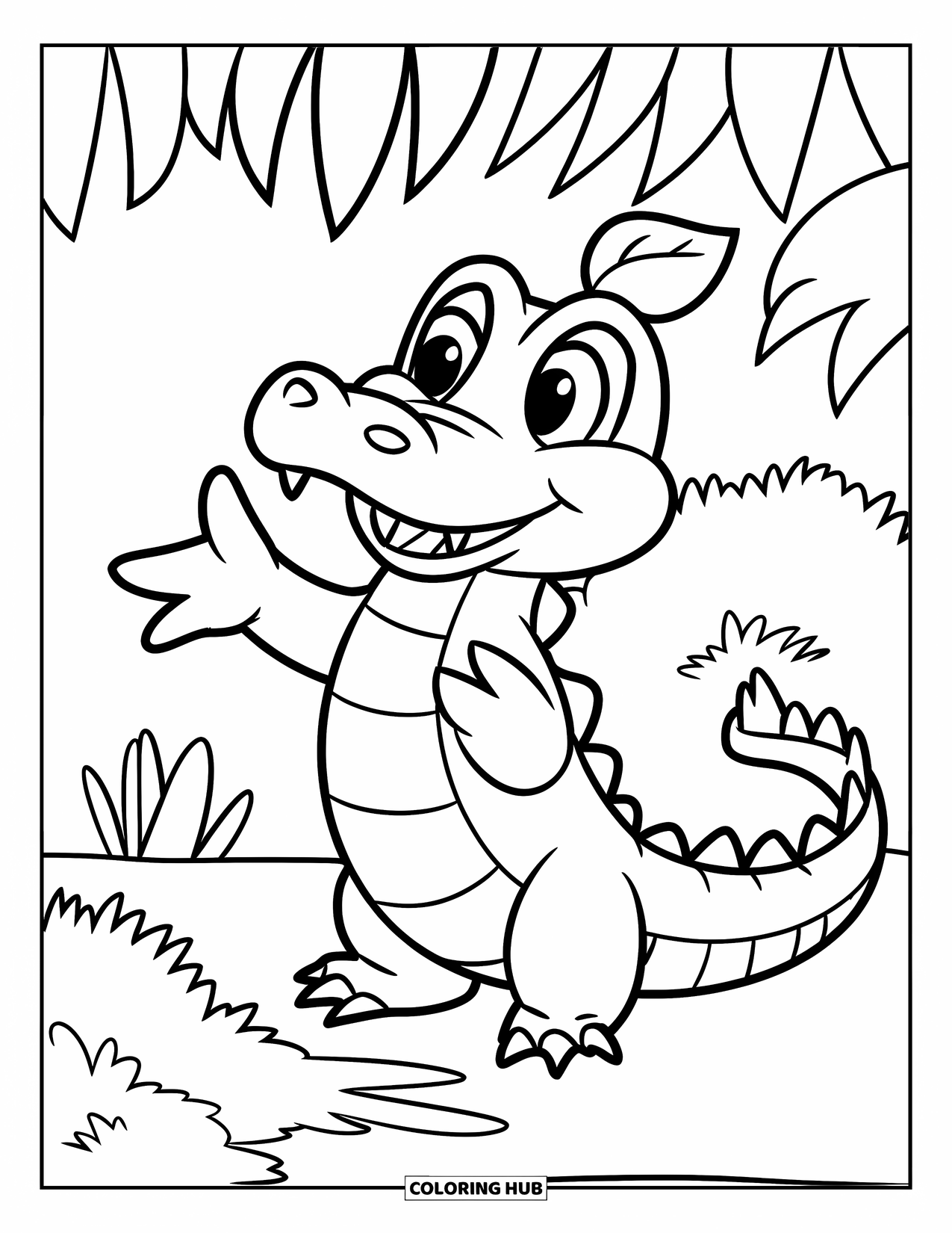 Disegno da colorare di coccodrillo per bambini: Un coccodrillo sorridente saluta con un cappello frondoso sulla testa in una foresta tranquilla