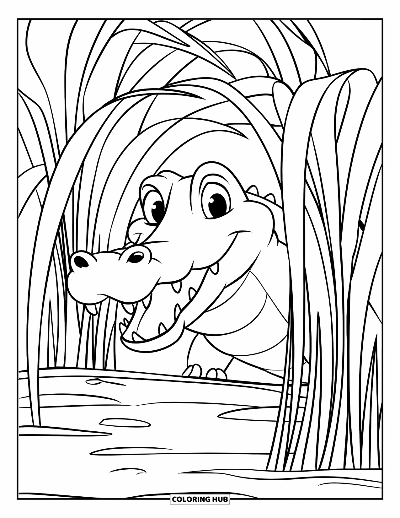Disegno da colorare di coccodrillo per bambini: Un coccodrillo con gli occhi spalancati si nasconde giocosamente dietro l'erba folta e ondulata vicino a un lago tranquillo