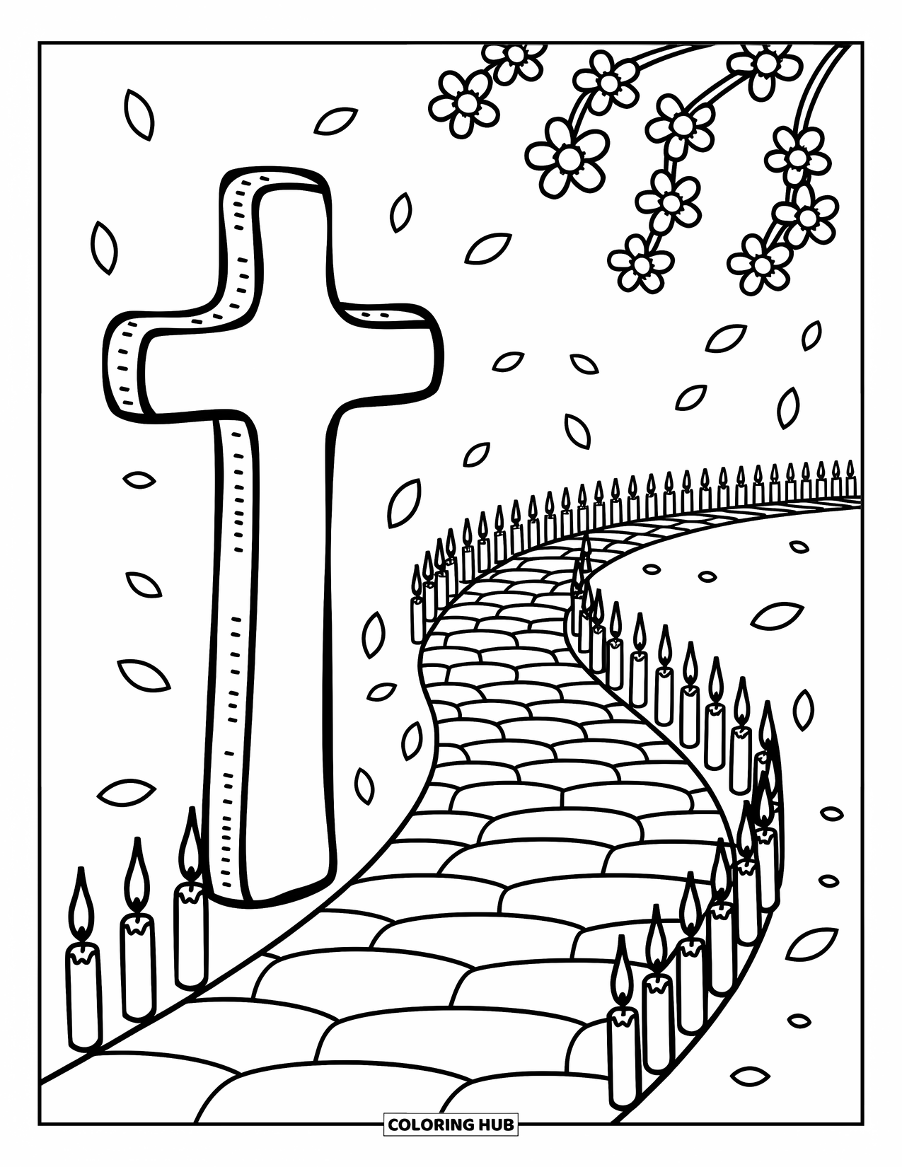Cross Coloring Page for Adults: A big cross on a path with flickering candles and cherry blossoms floating around