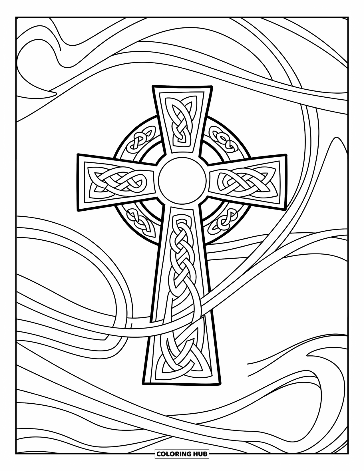 Cross Coloring Page for Adults: A Celtic knot design swirls around a cross with circles and flowing lines