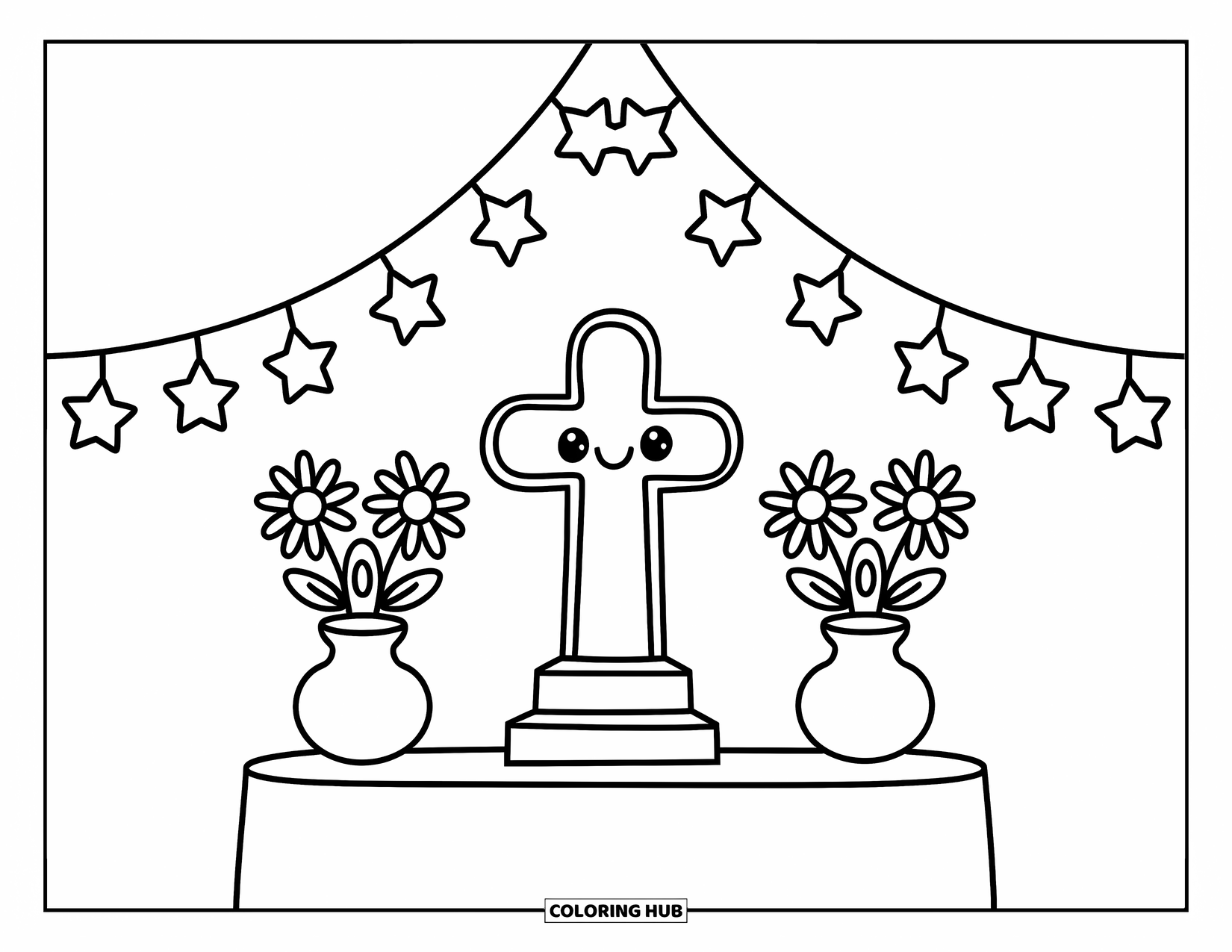 Cross Coloring Page for Adults: A cozy altar scene with a cross, flowers, and playful hanging lights