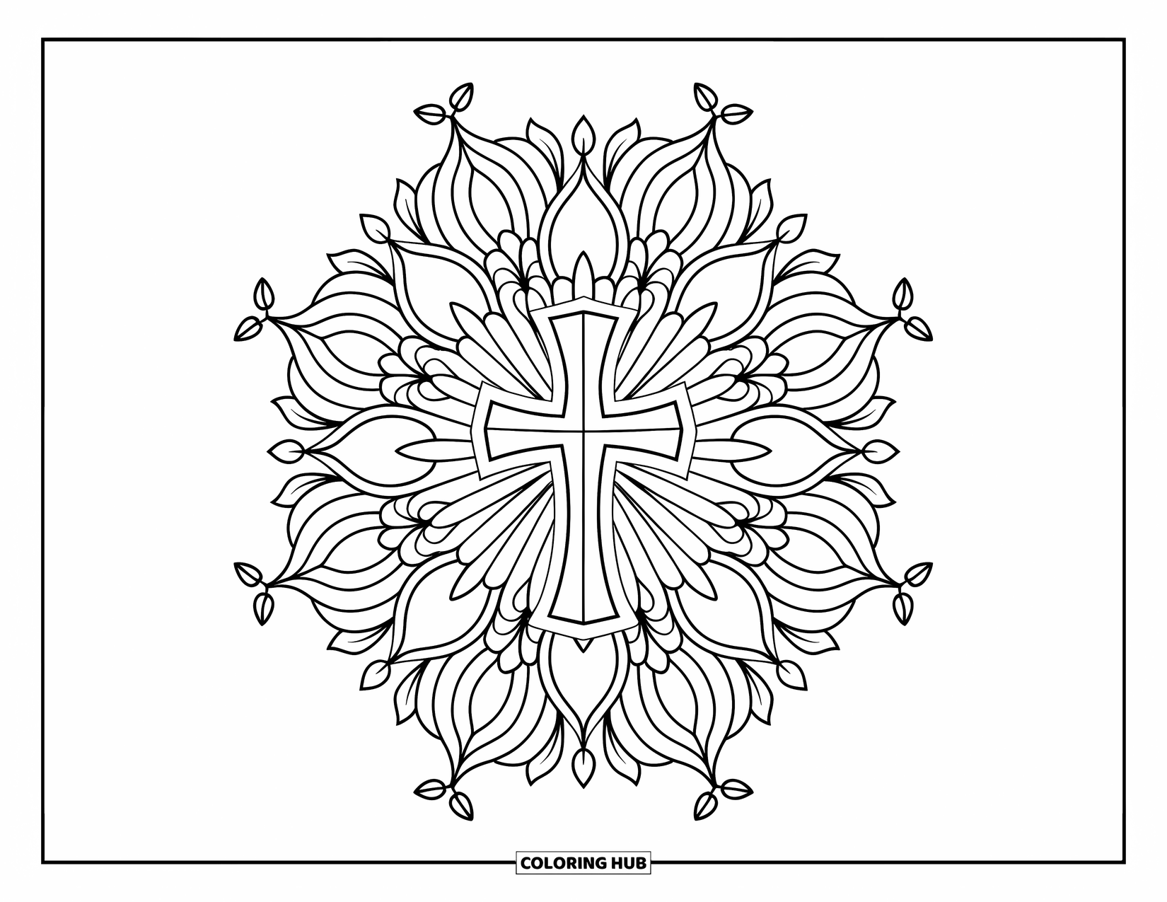 Cross Coloring Page for Adults: A cross centered in a sunflower mandala of petals, vines, and leaves