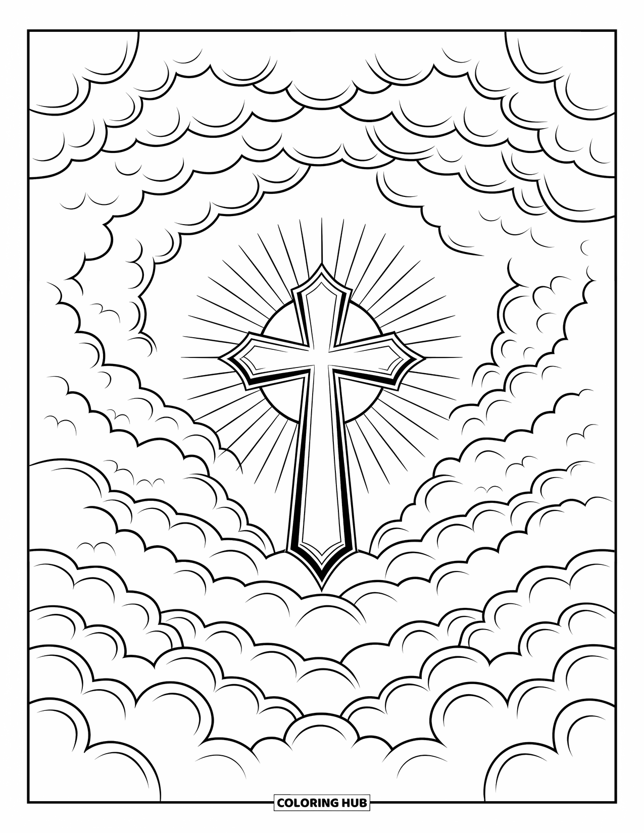 Cross Coloring Page for Adults: A cross floats in the sky surrounded by sun rays and layered clouds