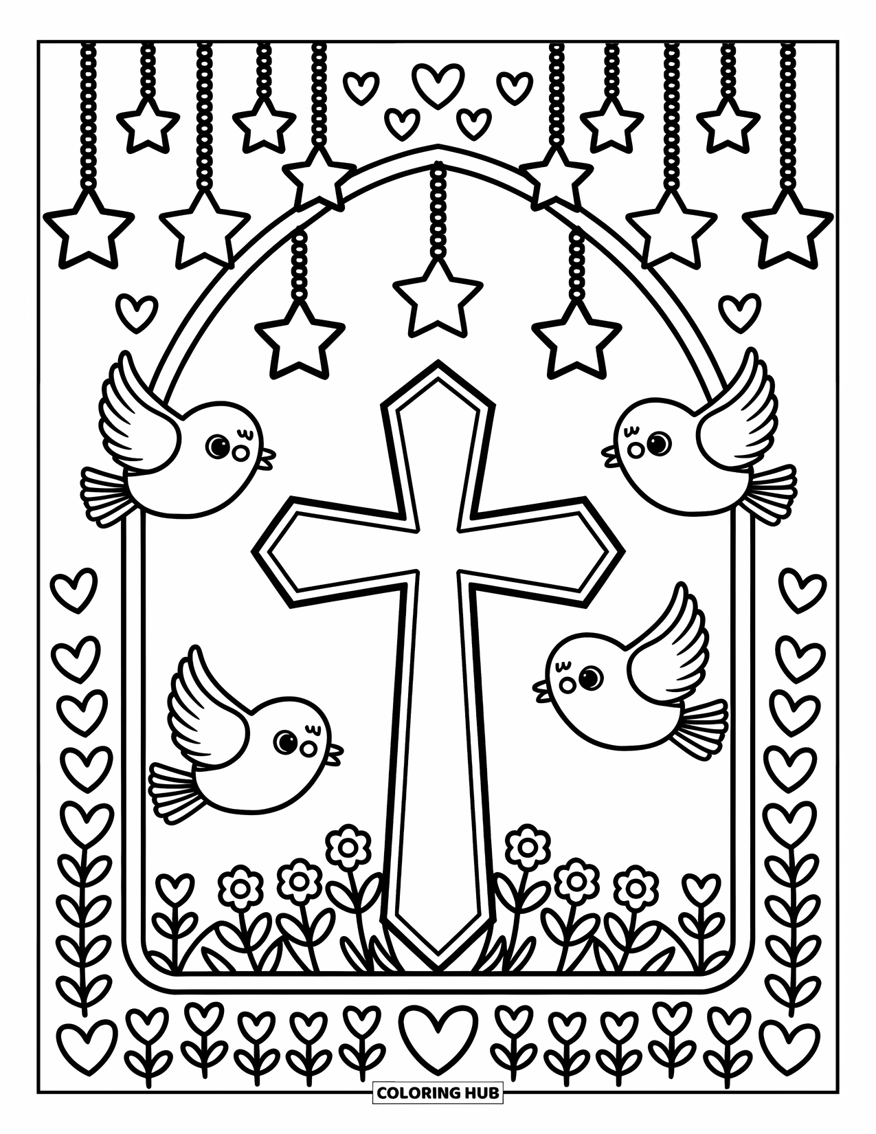 Cross Coloring Page for Adults: A cross framed by a window with lanterns, stars, flowers, and gentle doves