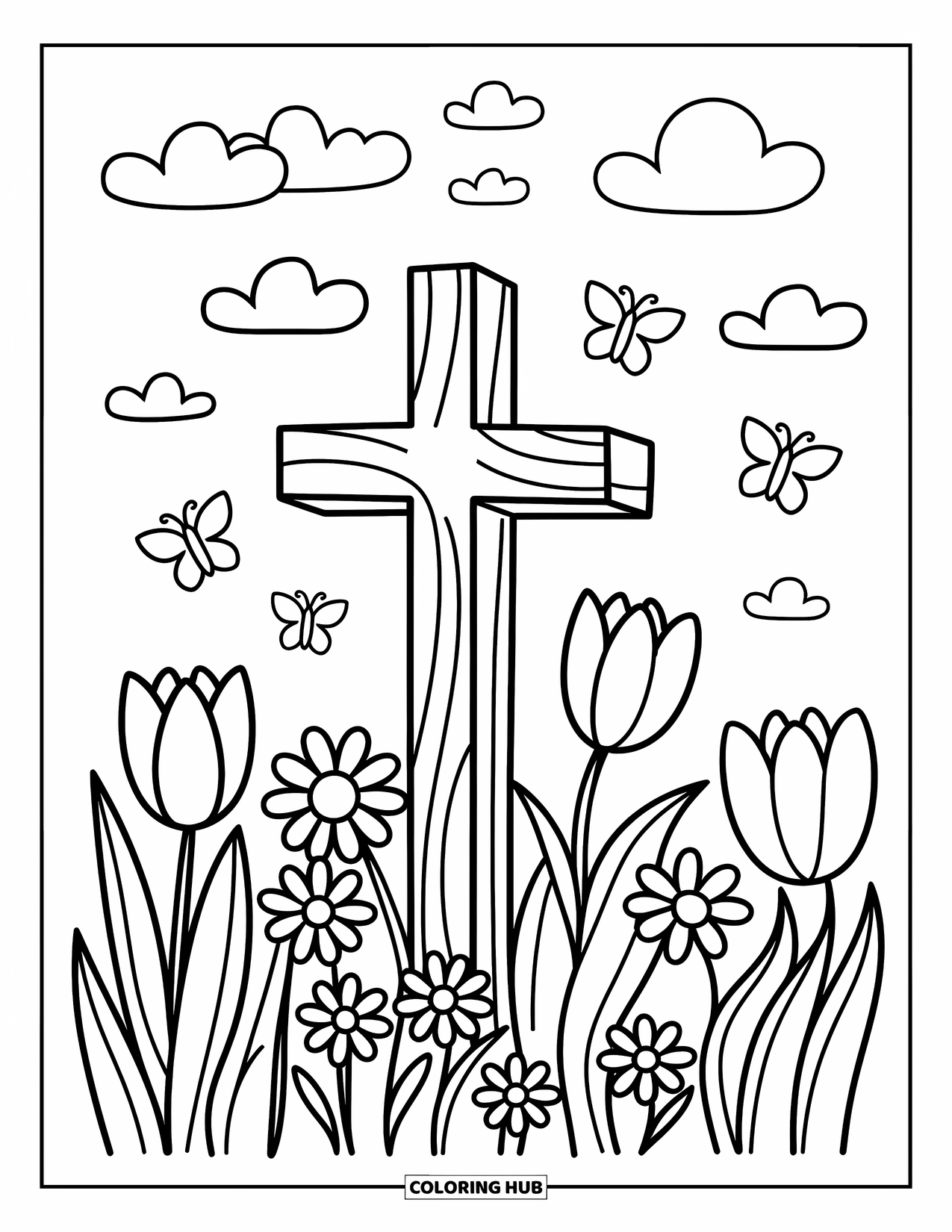 Cross Coloring Page for Adults: A cross in a field of cozy flowers, fluttering butterflies, and drifting clouds