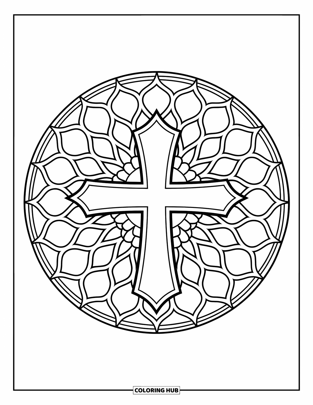 Cross Coloring Page for Adults: A cross is centered in a circular stained glass made of bold geometric shapes