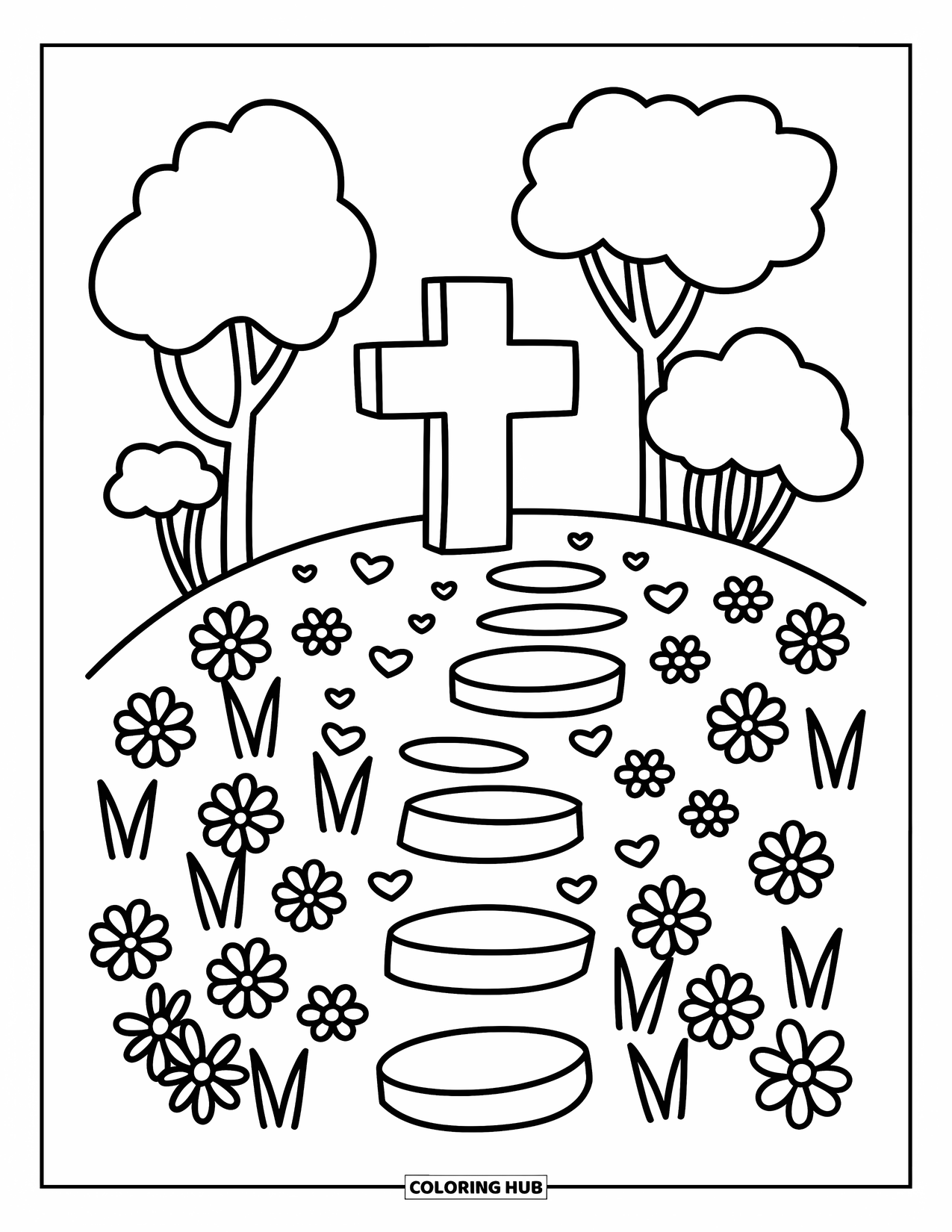 Cross Coloring Page for Adults: A cross on a hill with blooming plants, stepping stones, and fluffy trees