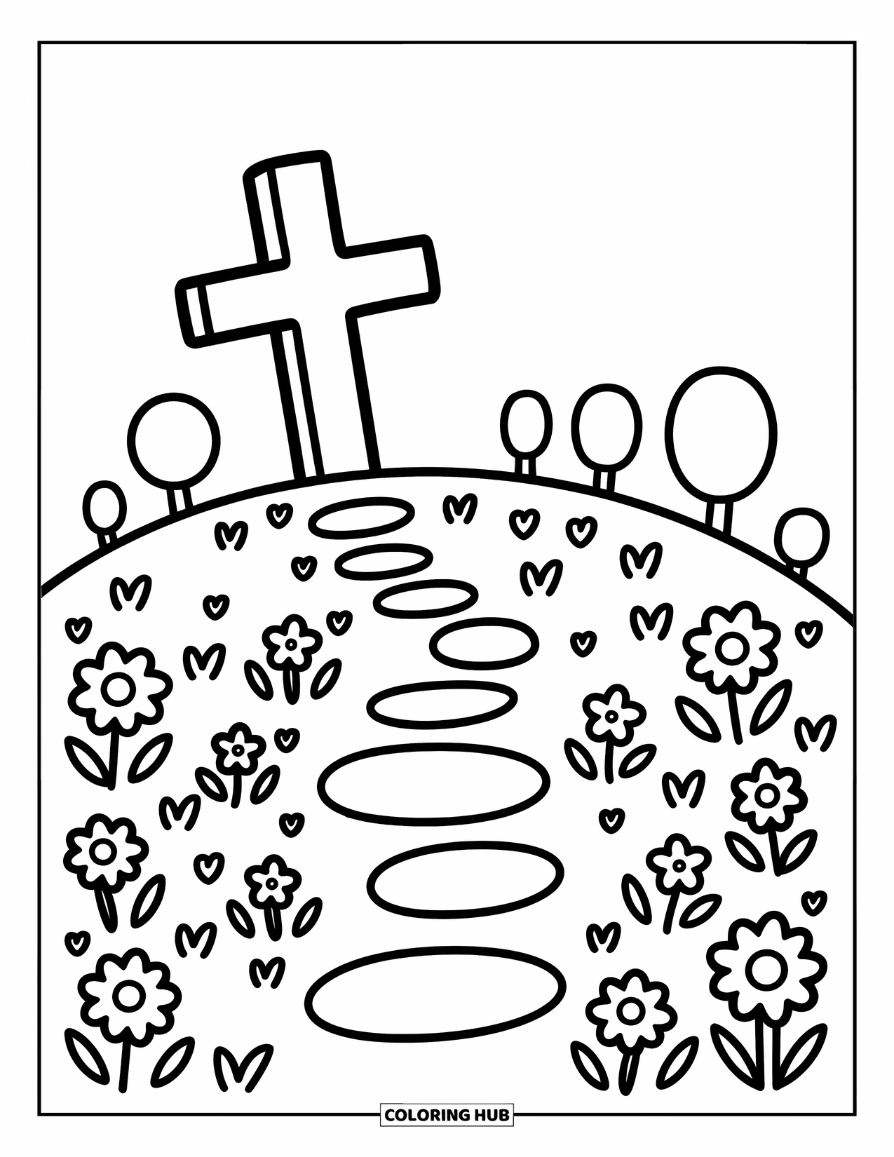 Cross Coloring Page for Adults: A cross on a hill with flowers, a path, and playful trees all around