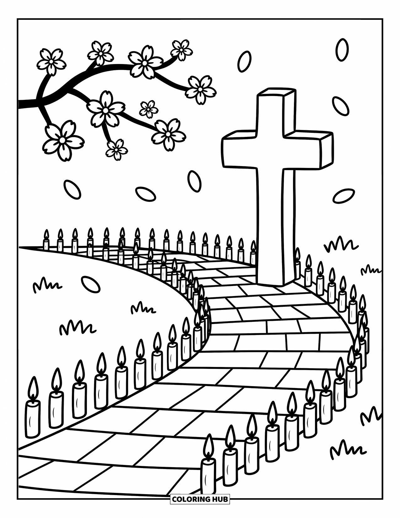 Cross Coloring Page for Adults: A cross on a winding path with tiny candles and drifting cherry blossom petals