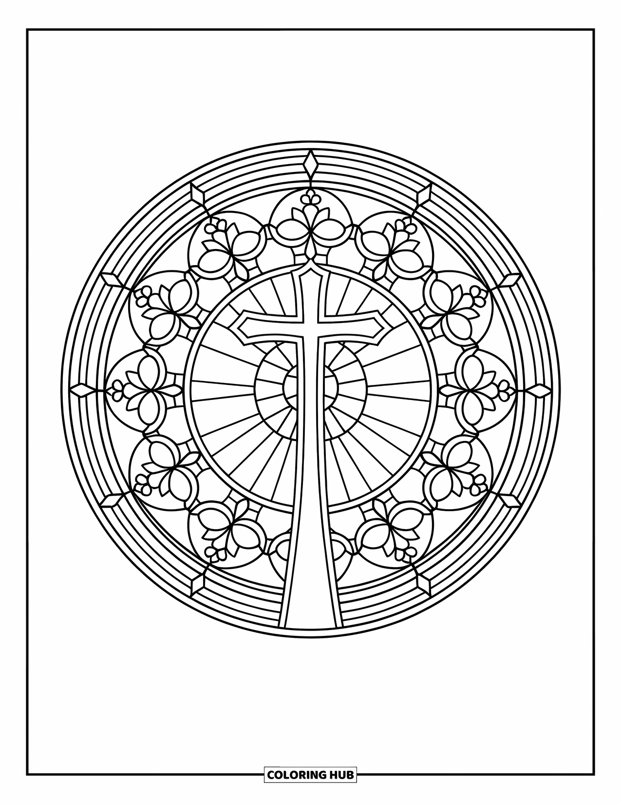 Cross Coloring Page for Adults: A cross stands in a round stained glass window filled with floral and geometric designs