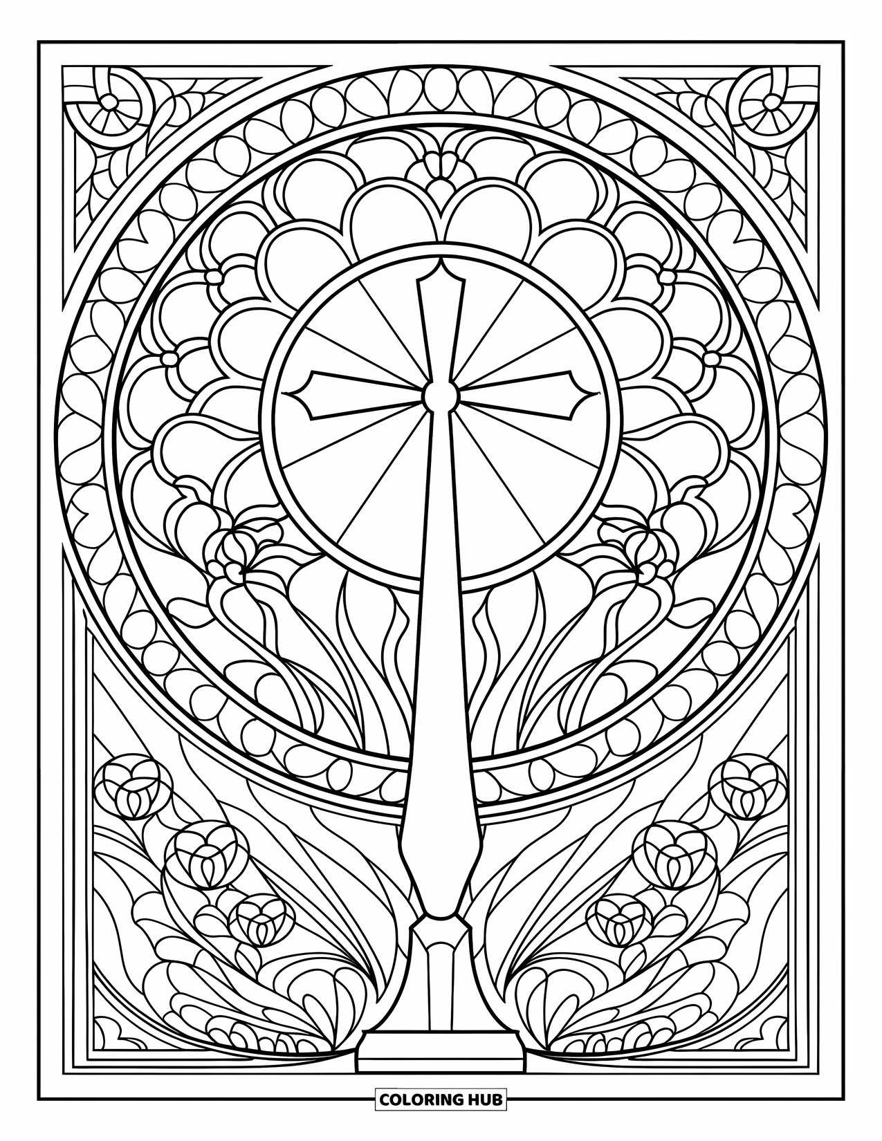 Cross Coloring Page for Adults: A cross stands in the center of an ornate stained glass window with floral details