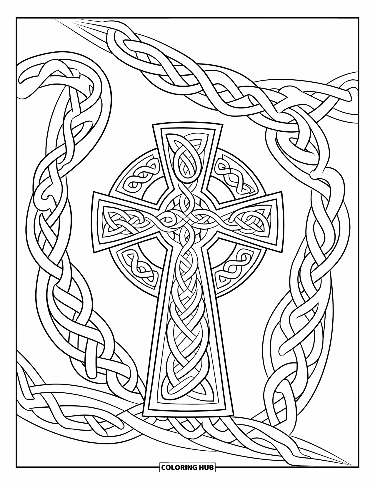 Cross Coloring Page for Adults: A cross with detailed Celtic knots wrapped around it stands out boldly