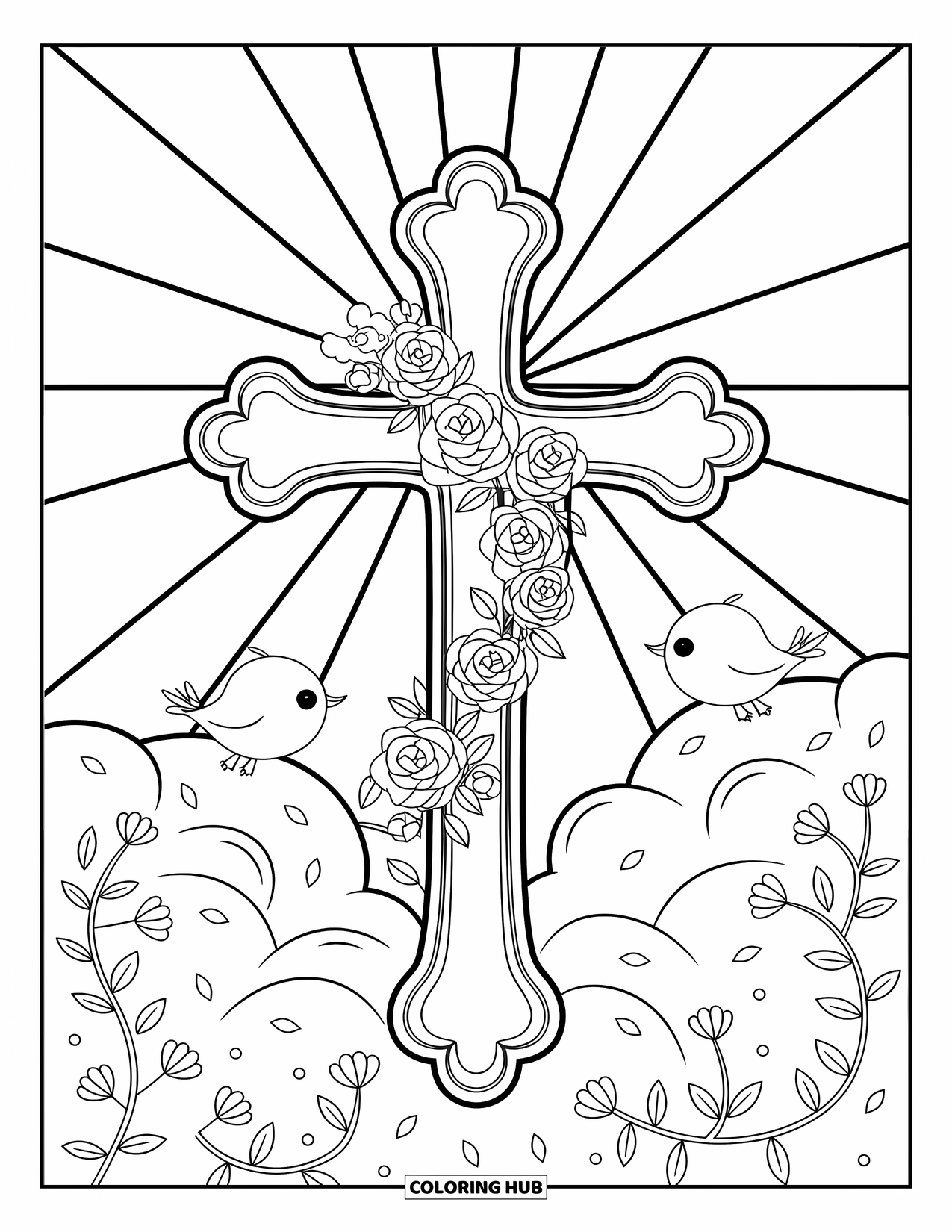 Cross Coloring Page for Adults: A cross with roses and vines, surrounded by sweet birds and soft glowing beams