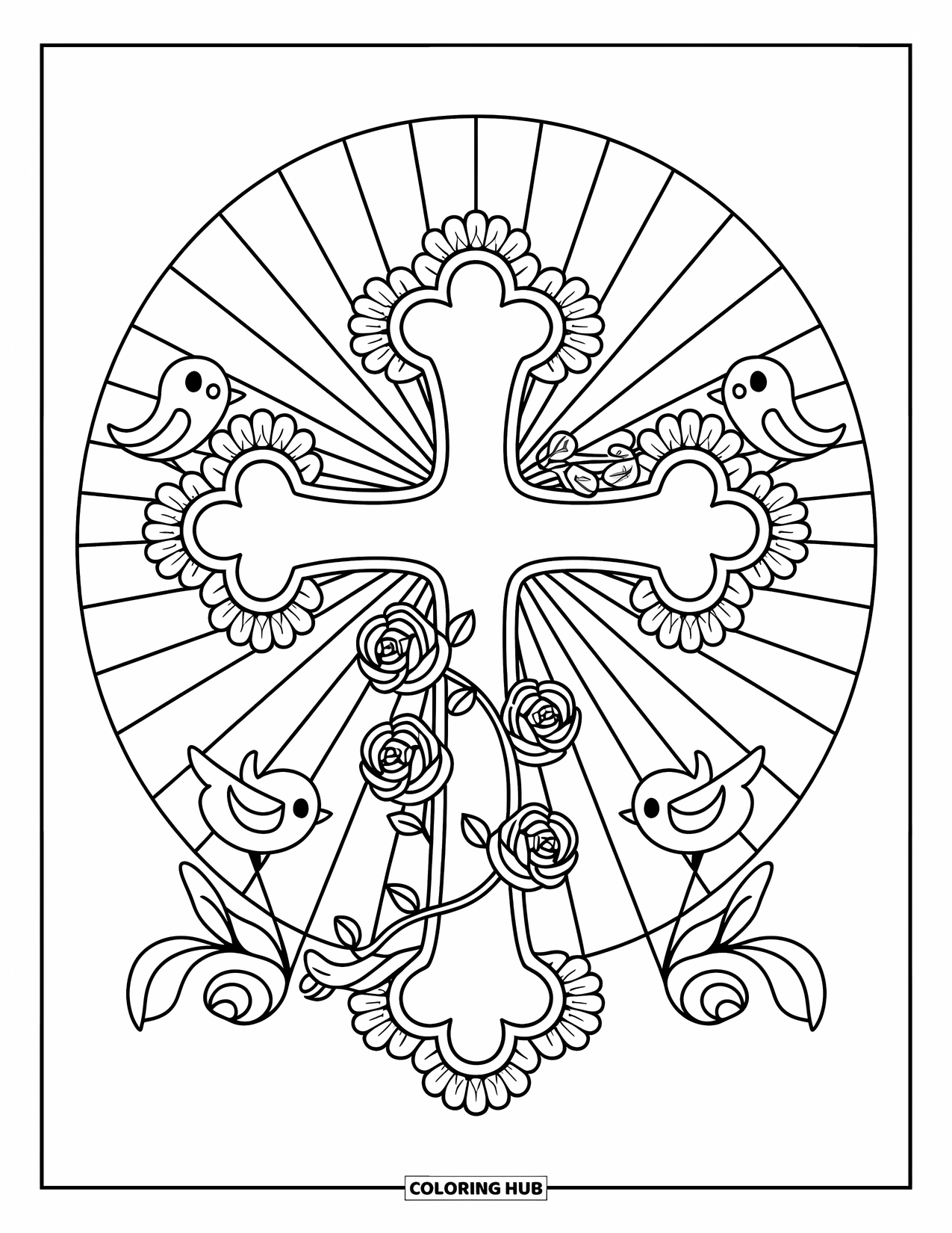 Cross Coloring Page for Adults: A cross wrapped in a rose garland with tiny birds and soft glowing rays