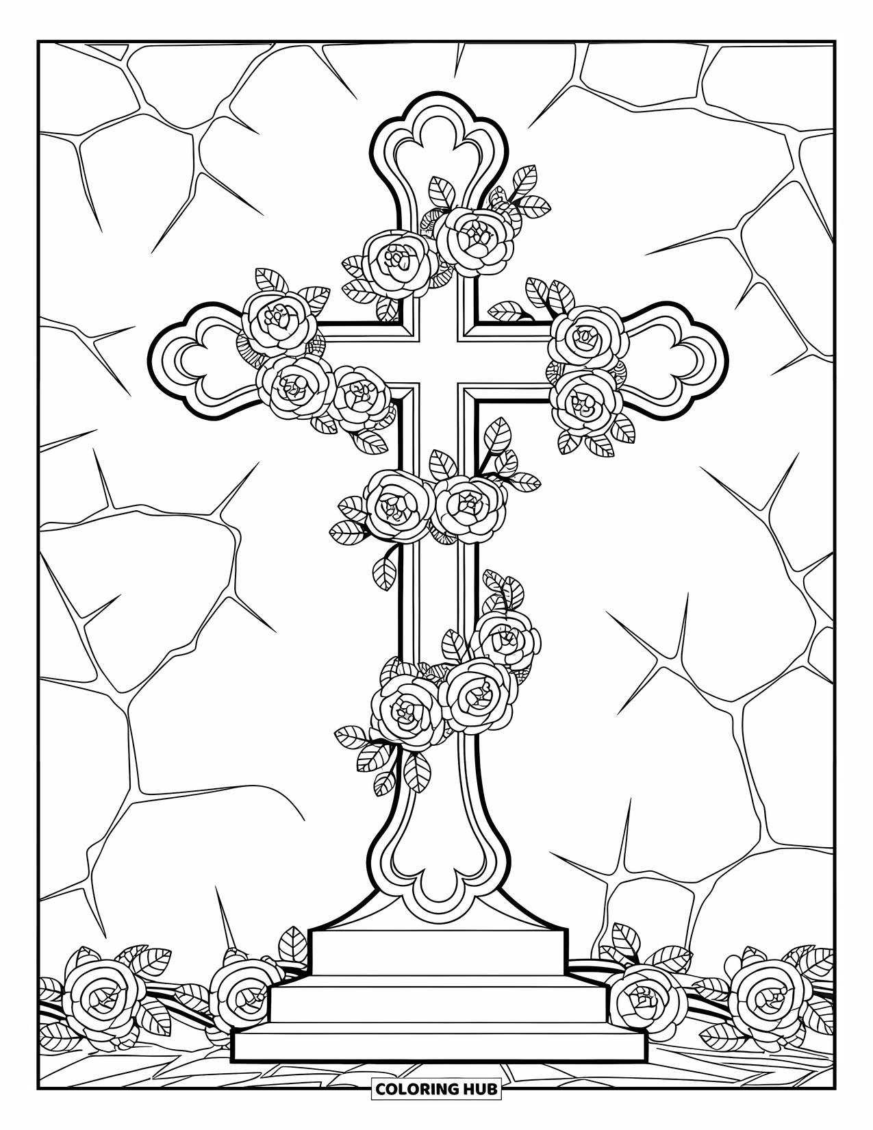 Cross Coloring Page for Adults: A detailed Baroque cross on stone is wrapped in blooming roses and vines