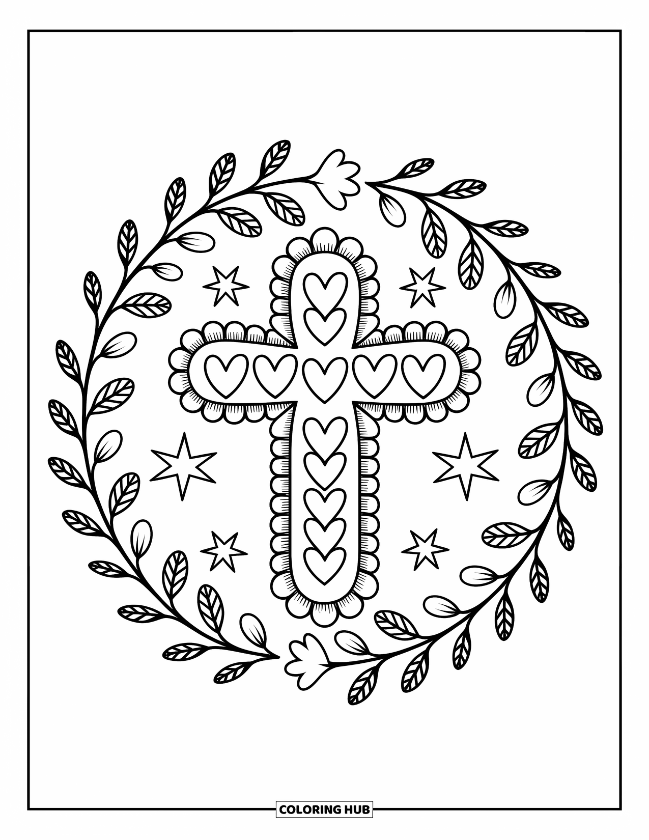 Cross Coloring Page for Adults: A floral cross with heart petals inside a mandala of leaves and stars