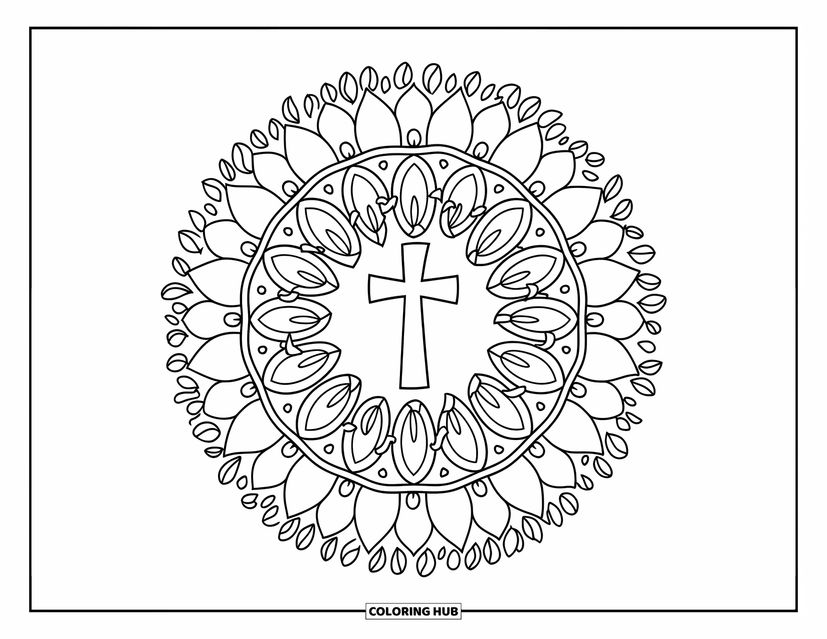 Cross Coloring Page for Adults: A floral mandala with swirling vines surrounds a central Christian cross