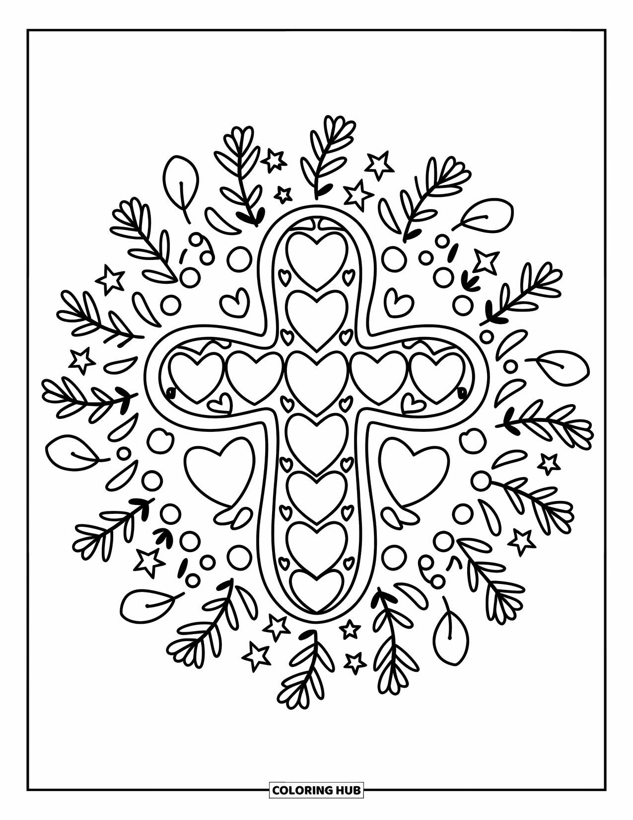 Cross Coloring Page for Adults: A flower-filled cross with heart petals and a circle of swirls and stars