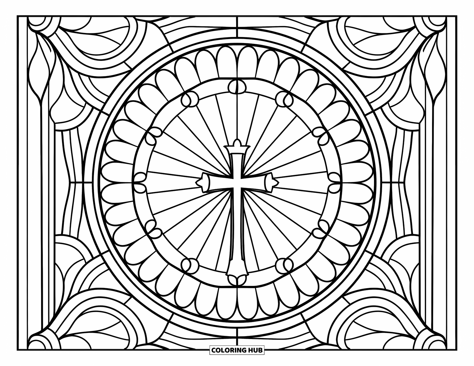 Cross Coloring Page for Adults: A glowing cross in stained glass with intricate floral shapes and artistic patterns