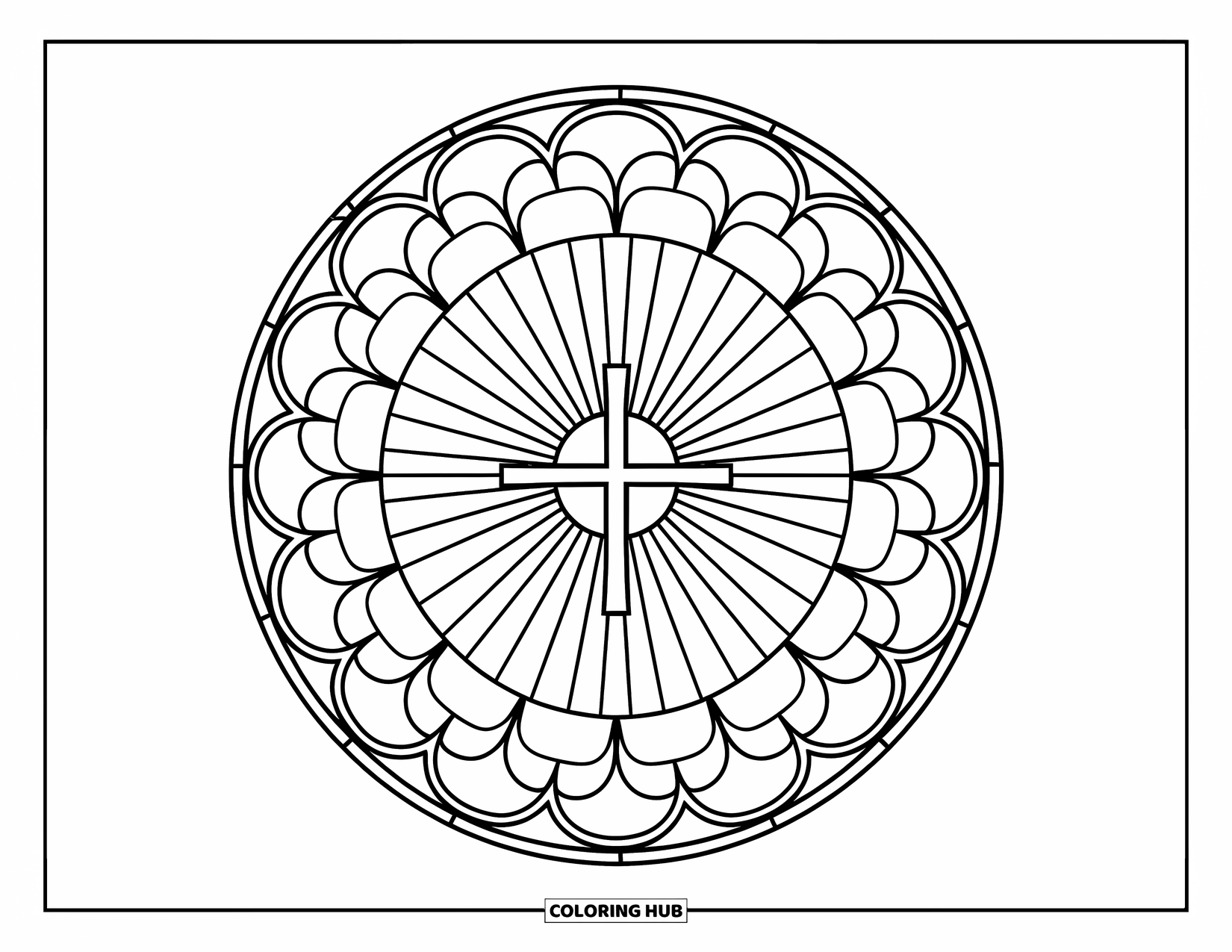 Cross Coloring Page for Adults: A glowing cross sits in the middle of a flower-like stained glass design