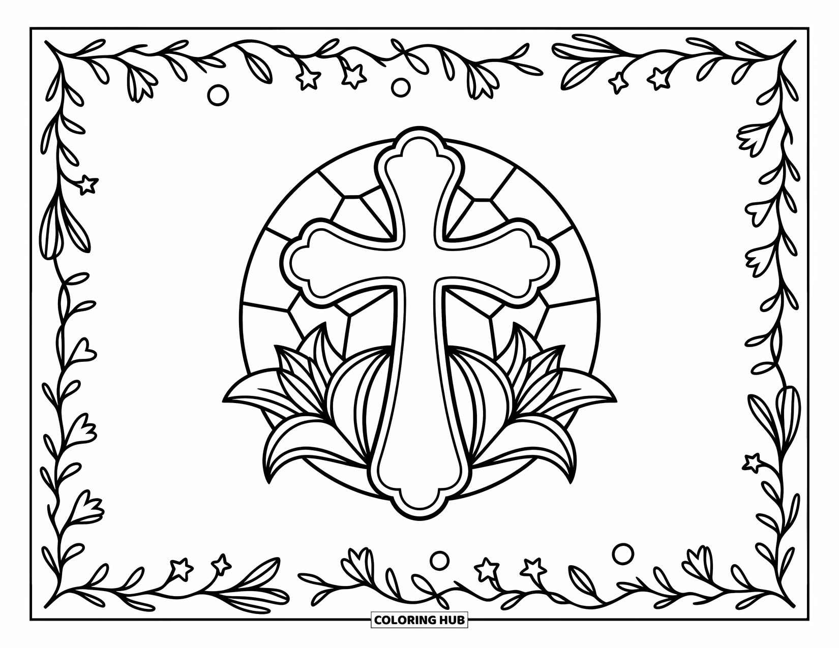 Cross Coloring Page for Adults: A soft stained-glass cross with lilies and a border of stars and branches