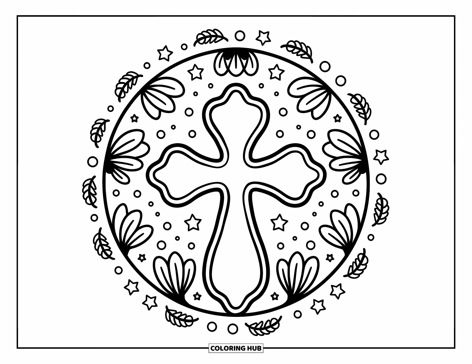Cross Coloring Page for Adults: A stained-glass cross framed by lilies, stars, bubbles, and tiny branches