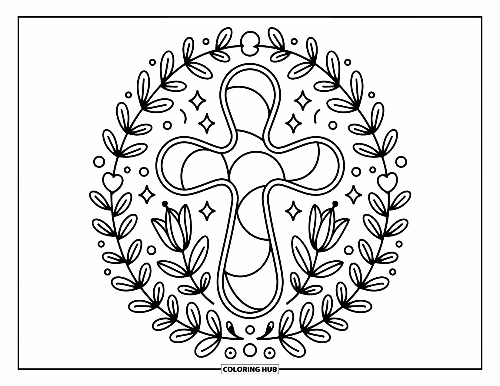 Cross Coloring Page for Adults: A stained-glass cross surrounded by floating lilies, stars, bubbles, and soft branches