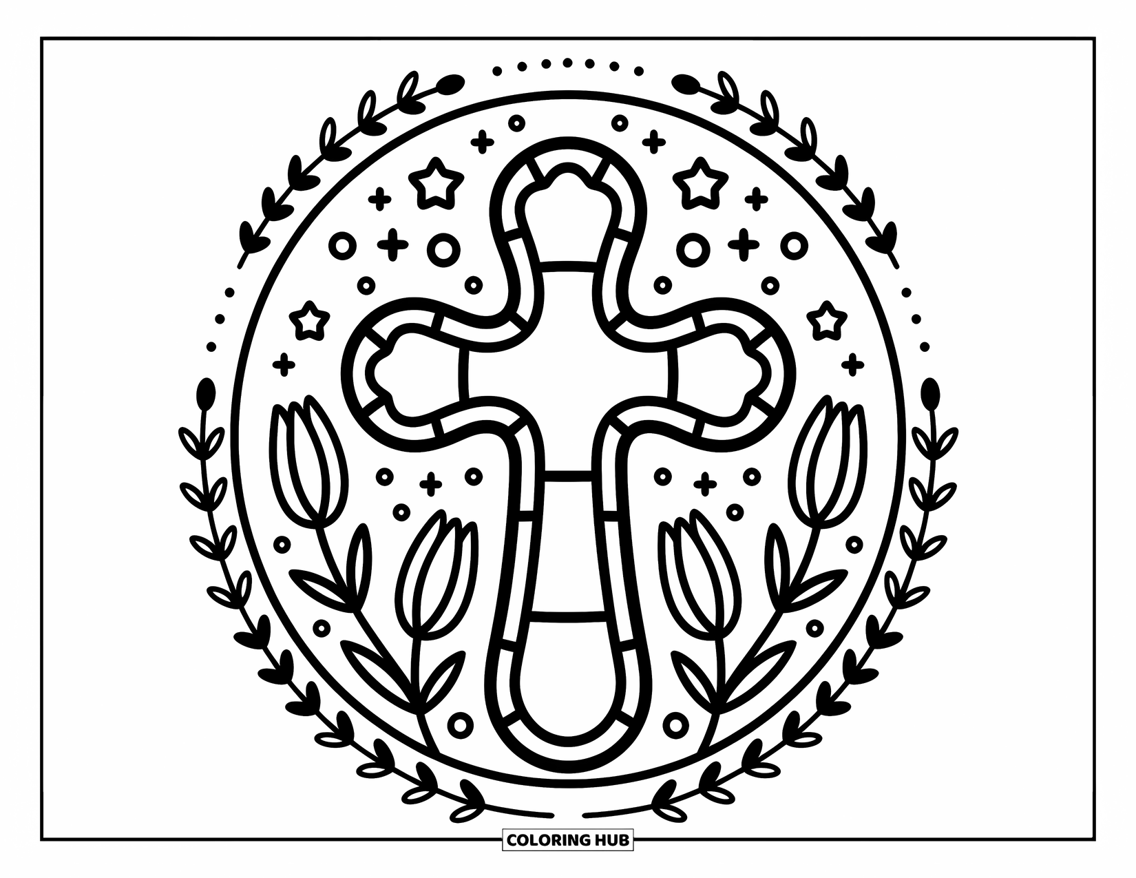 Cross Coloring Page for Adults: A stained-glass cross with lilies and a whimsical border of stars and bubbles