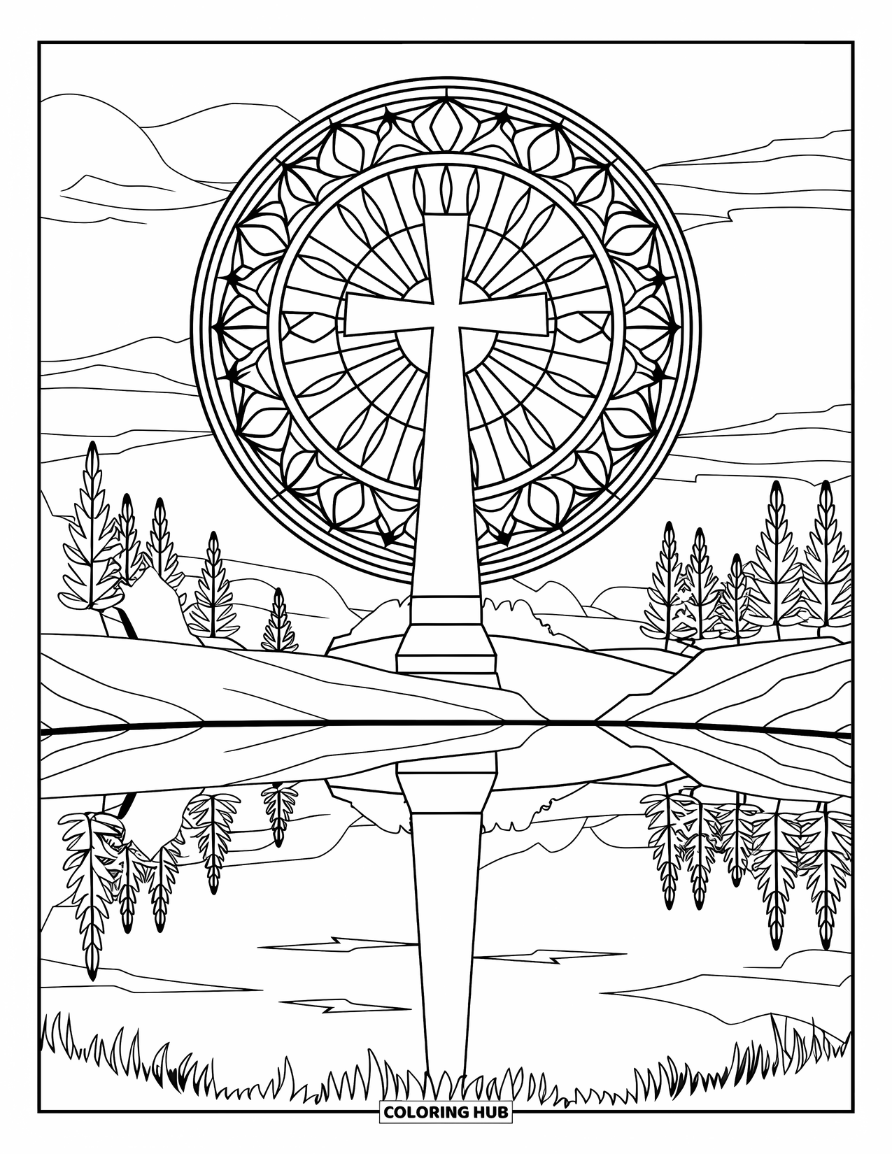 Cross Coloring Page for Adults: A stone cross on a hill reflects over a lake with a peaceful landscape