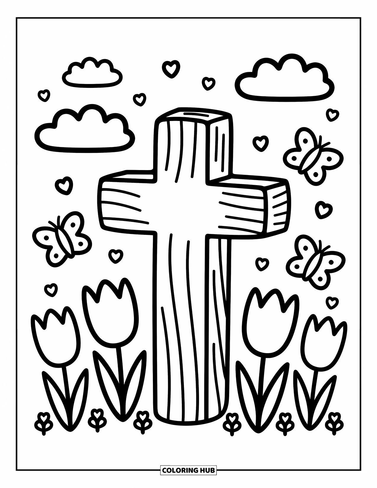 Cross Coloring Page for Adults: A wooden cross among tulips, daisies, butterflies, and soft floating clouds
