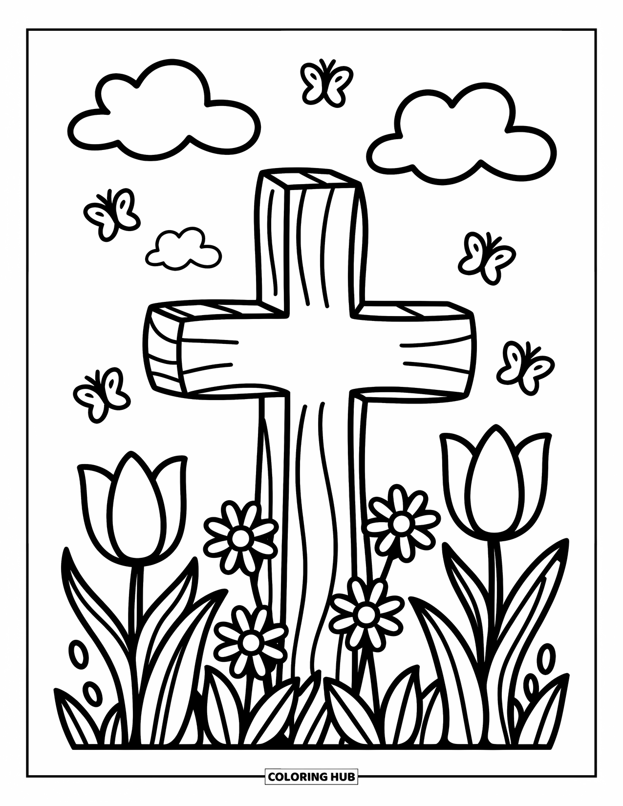 Cross Coloring Page for Adults: A wooden cross in a field of tulips and daisies with butterflies and clouds
