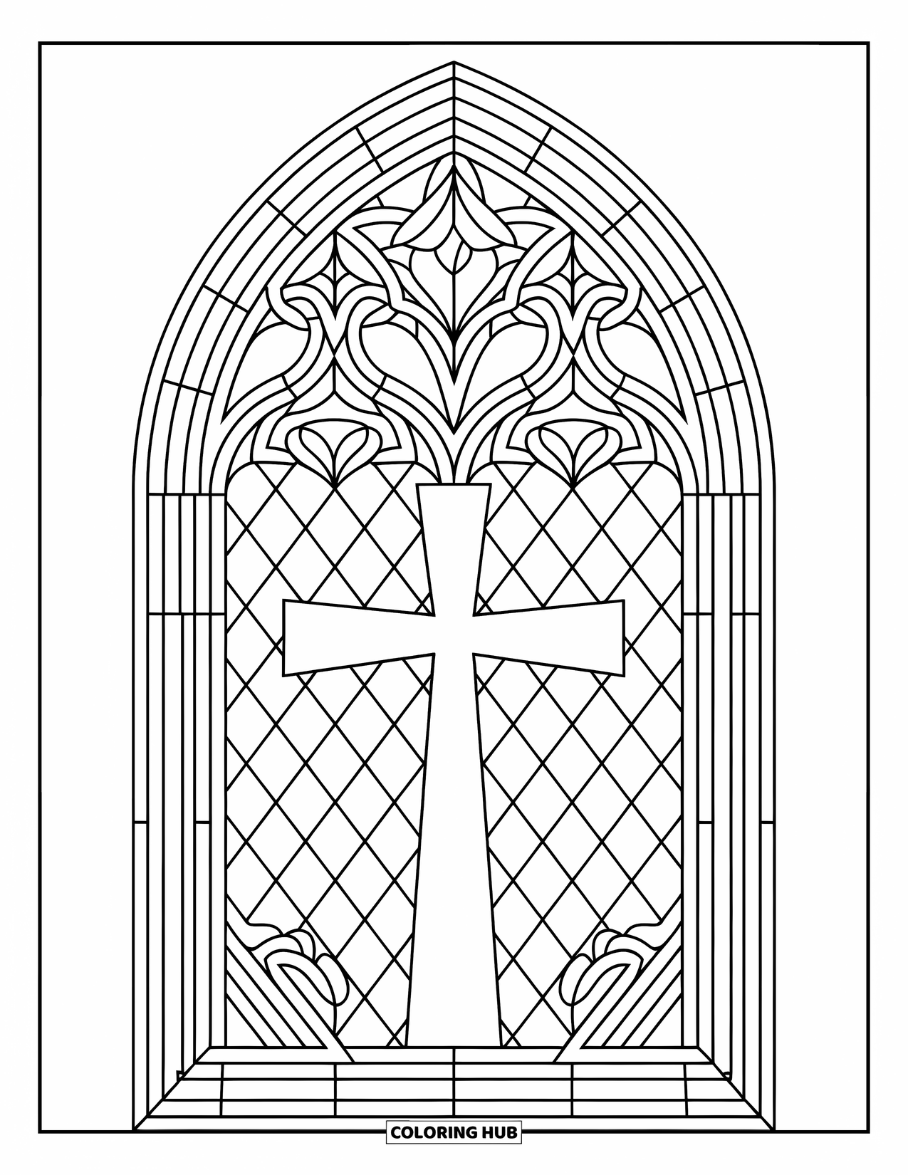 Cross Coloring Page for Adults: A wooden cross stands before a Gothic stained glass arch of diamonds and triangles