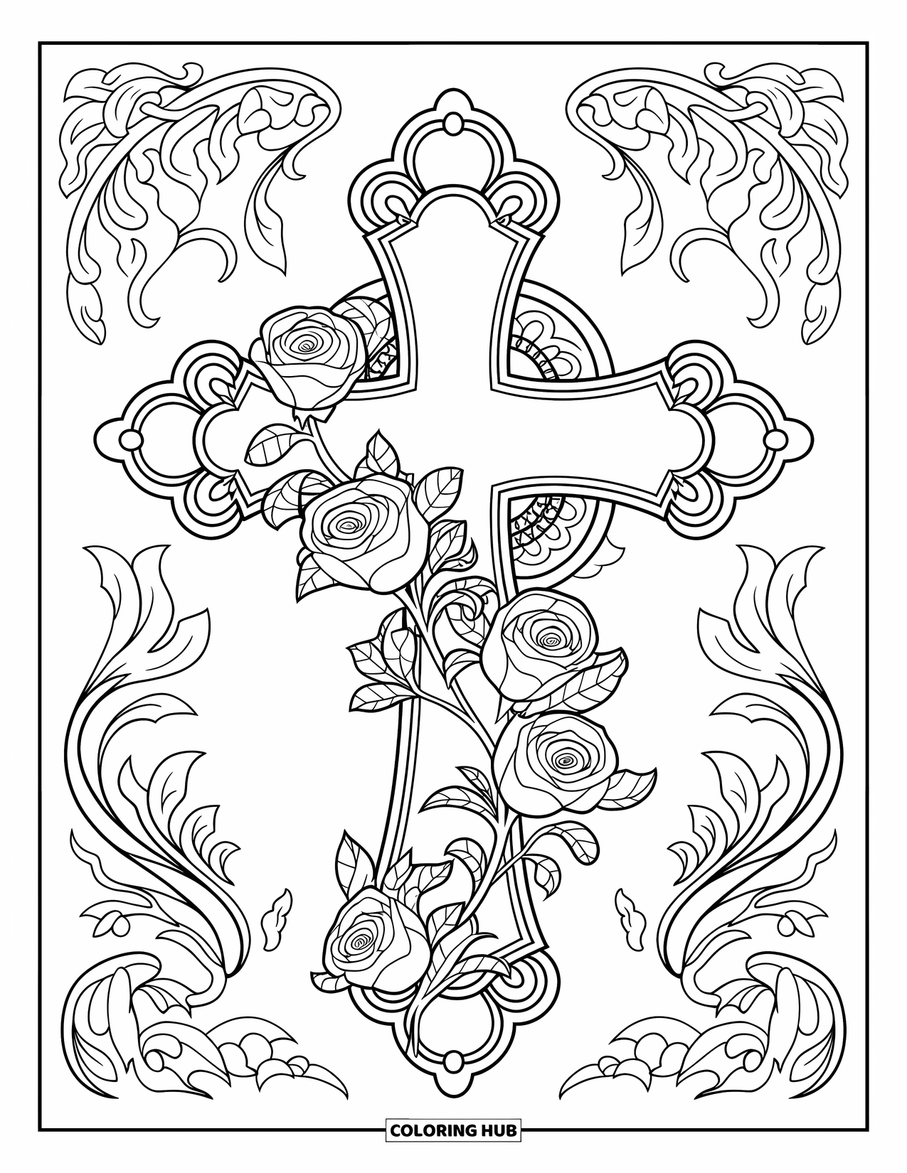 Cross Coloring Page for Adults: An ornate cross covered in roses and spirals sits among rich patterns
