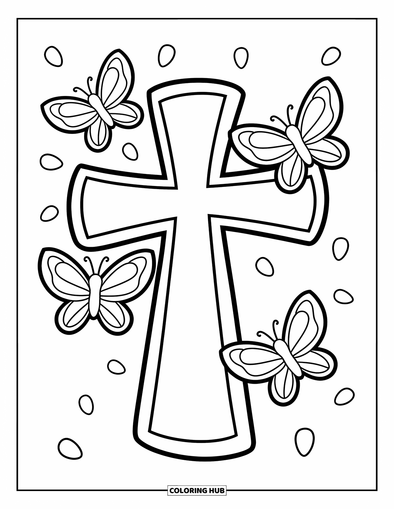 Cross Coloring Page for Kids: A big cross with four butterflies and floating petals around it
