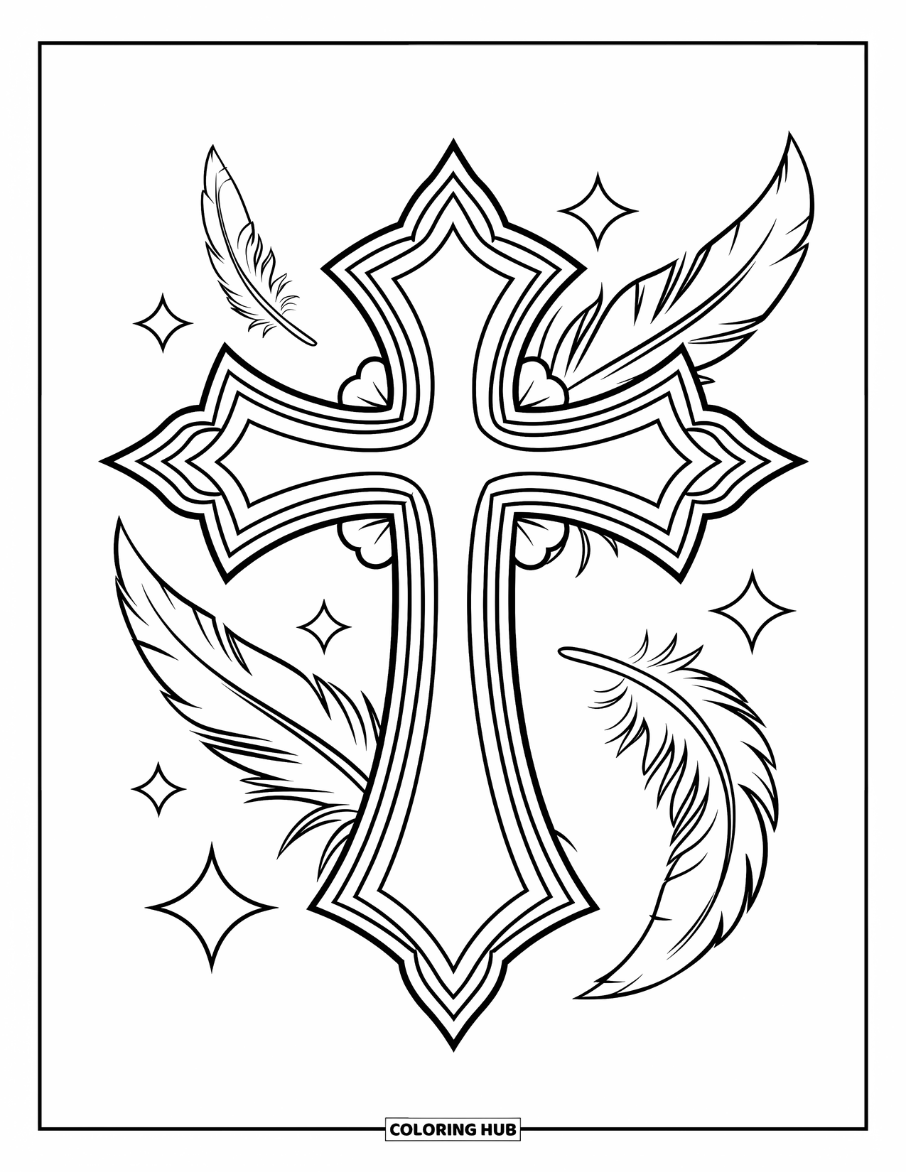 Cross Coloring Page for Kids: A bold cross is surrounded by floating feathers and little stars
