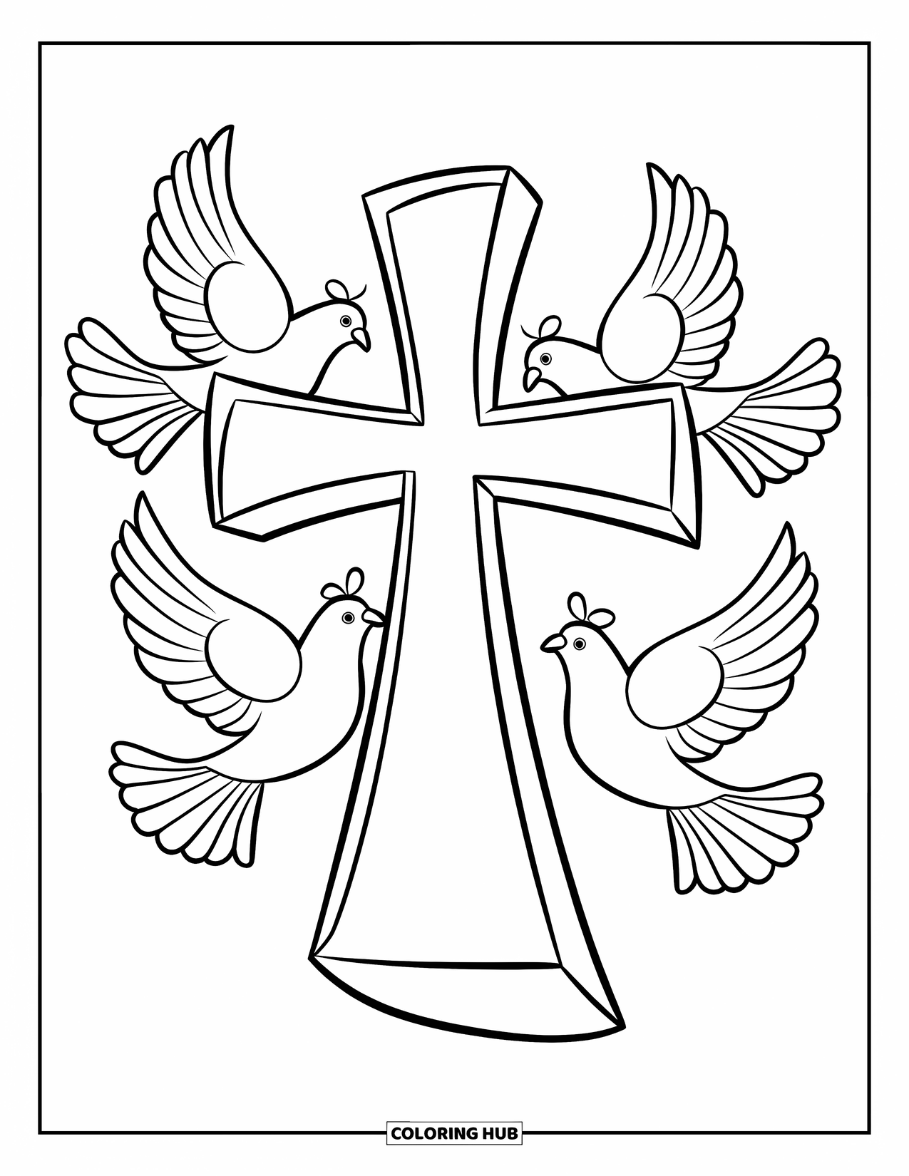 Cross Coloring Page for Kids: A bold cross with doves flying in a soft circular motion